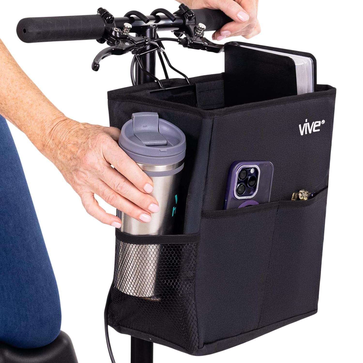 Vive Knee Scooter Basket with Cup Holder - Scooter Accessories for Adults, Seniors - Convenient Storage for Personal Items, Groceries, Medical Supplies - 2 Front Pockets, Easy Installation (Gray)