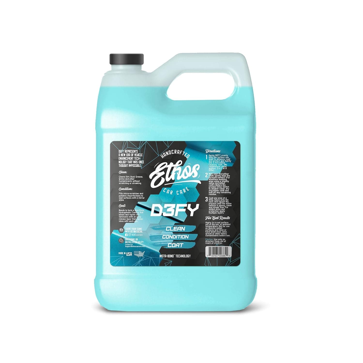 Ethos Defy 3 in 1 Ceramic Coating - Waterless Car Wash & Wax - Hydrophobic Top Coat - Polish & Polymer Paint Sealant Protection - with Insta-Bond Technology (1 Gallon)