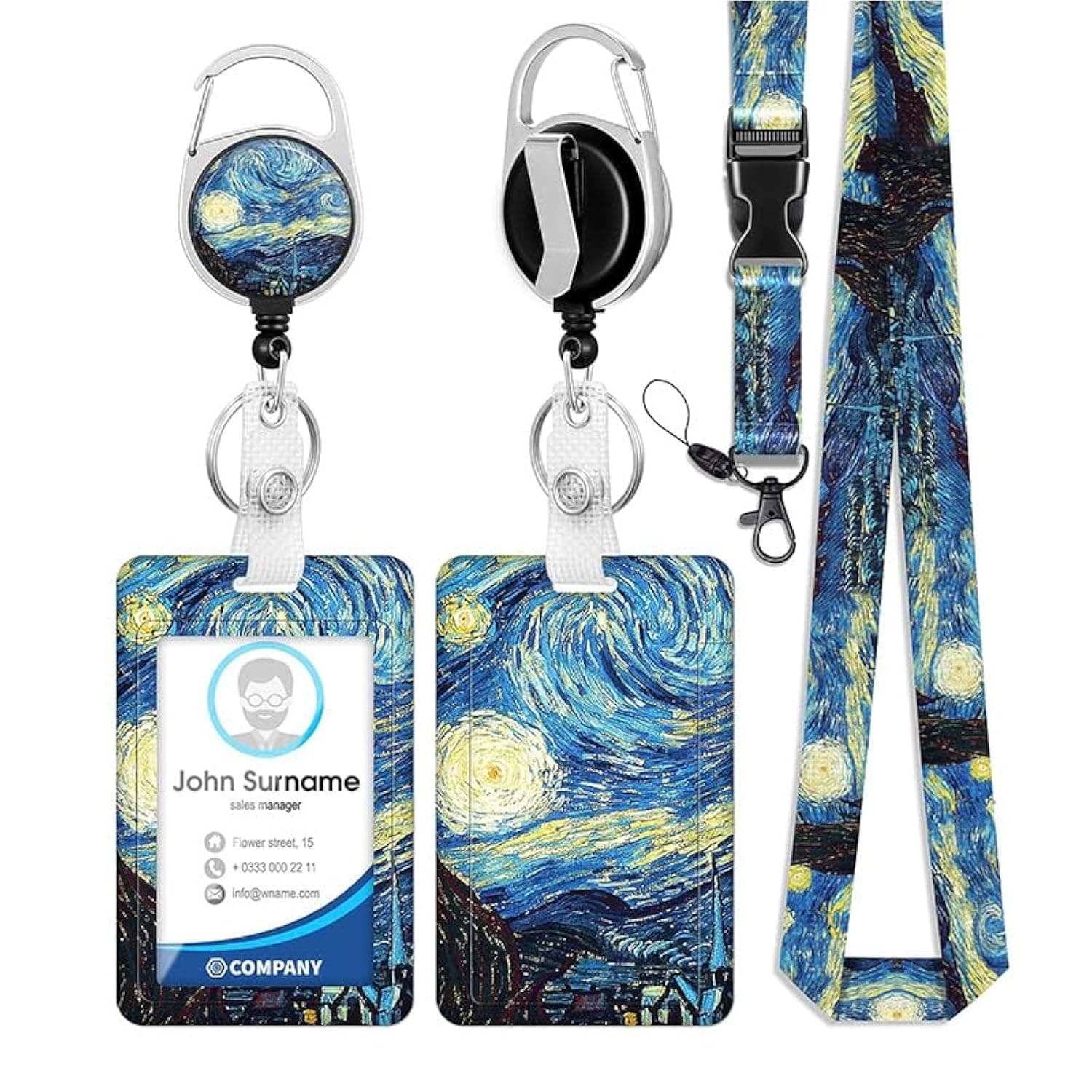 ID Card Holder, Cute Badge Holder with Retractable Reel Clip, Work Name Tag, Breakaway Lanyard Vertical ID Card Protector Case for Office Workers,Nurse Nursing Doctor Teacher Student (Starry Night)