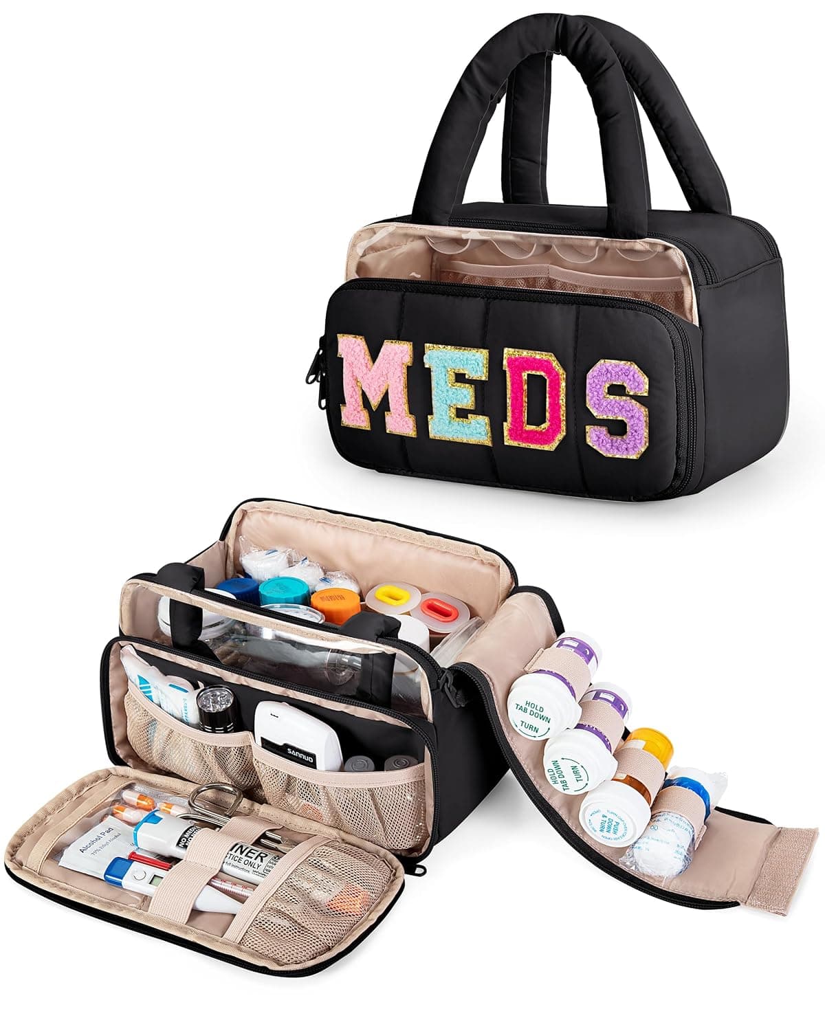 Fasrom Chenille Letter Medicine Bag, Pill Bottle Organizer for Travel Meds | Preppy Patch Design, Puffy Handle, Portable Storage for Medical Supplies & Toiletries, Makeup Case for Women, Black(Bag Only)