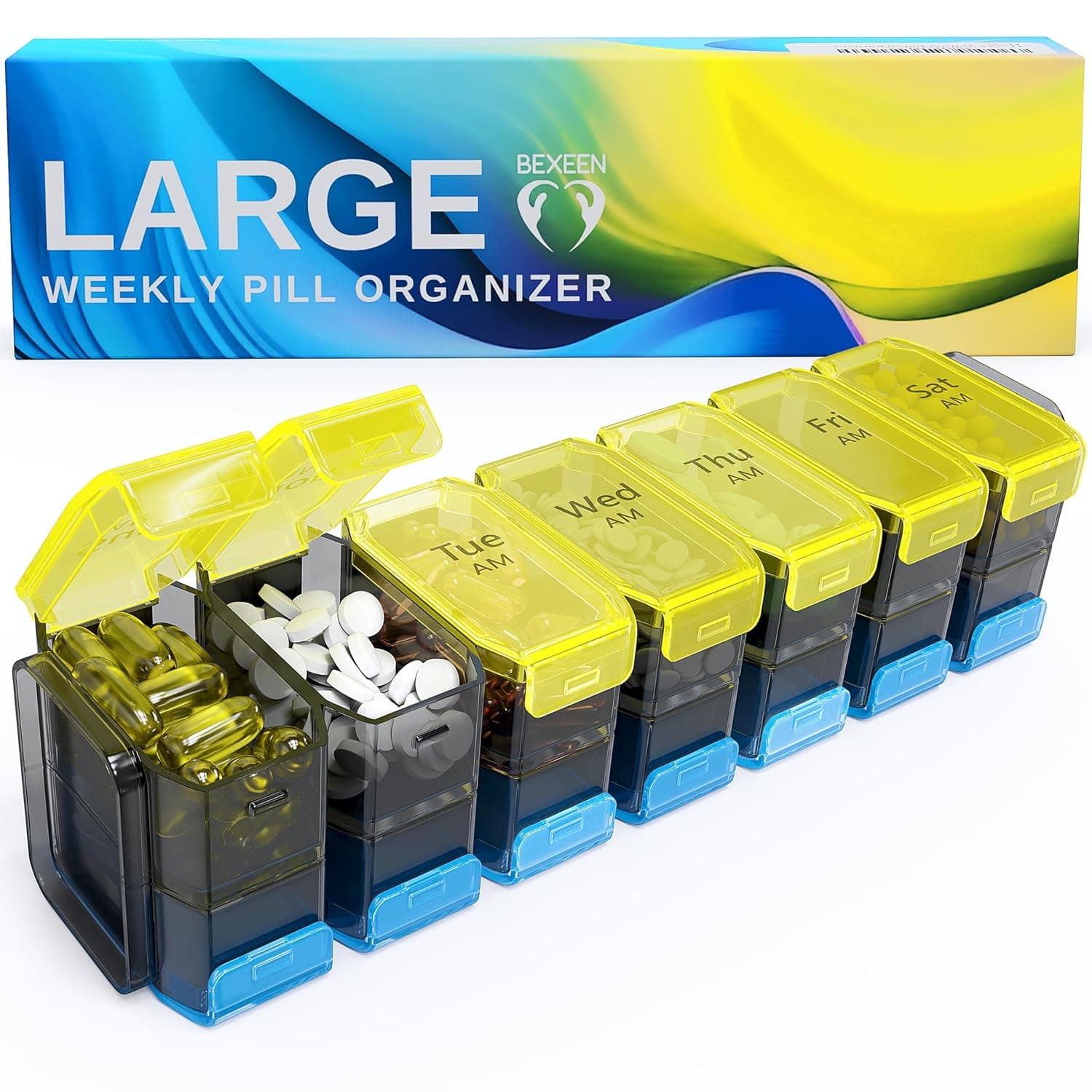 Extra Large Pill Organizer 2 Times a Day – XL Pill Box 7 Day with Big AM/PM Compartments – Fits Large Vitamins, Supplements & Gummies, for 7 or 14-Day Use, Color-Coded, Senior-Friendly, No Spills