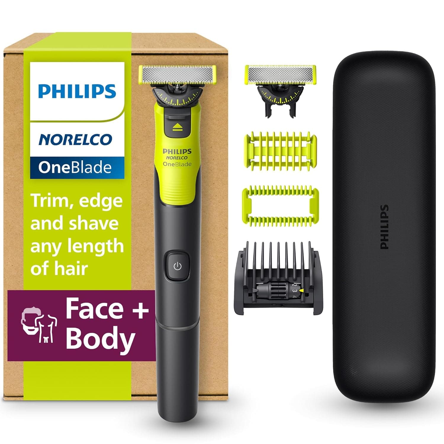 Philips Norelco OneBlade 360 with Connectivity Hybrid Face + Body, Electric Beard Trimmer, Shaver & Body Groomer with 360 Blade Tech, 1x360 Blade, 5-in-1 Comb, Body Kit, Travel Case, QP4631/90