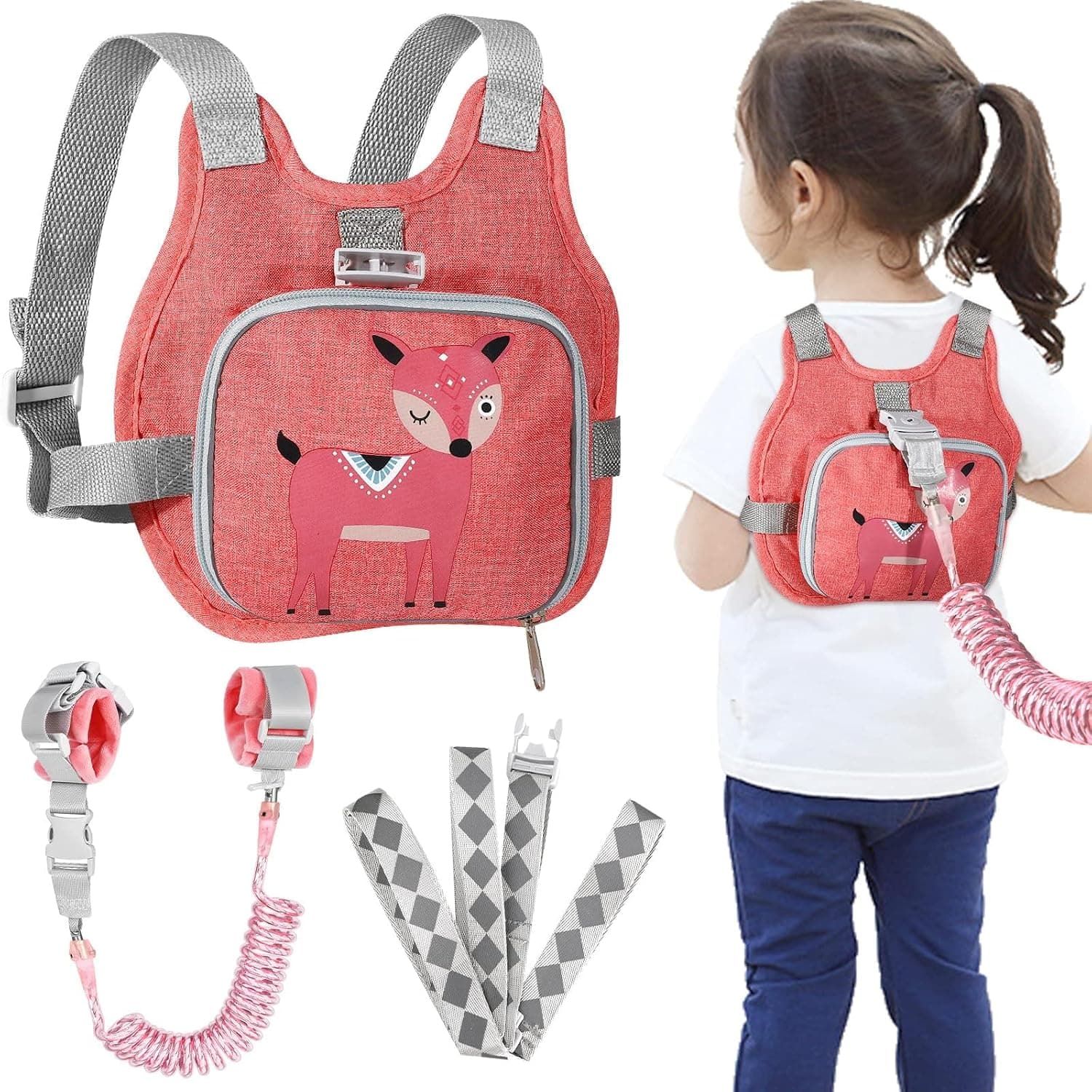 Toddler Harness Leash + Anti Lost Wrist Link, Kids Harnesses Children Leashes for Girls, Cute Deer Baby Walking Holder Anti-Lost Bracelet Strap Tether for Outdoor (Pink)