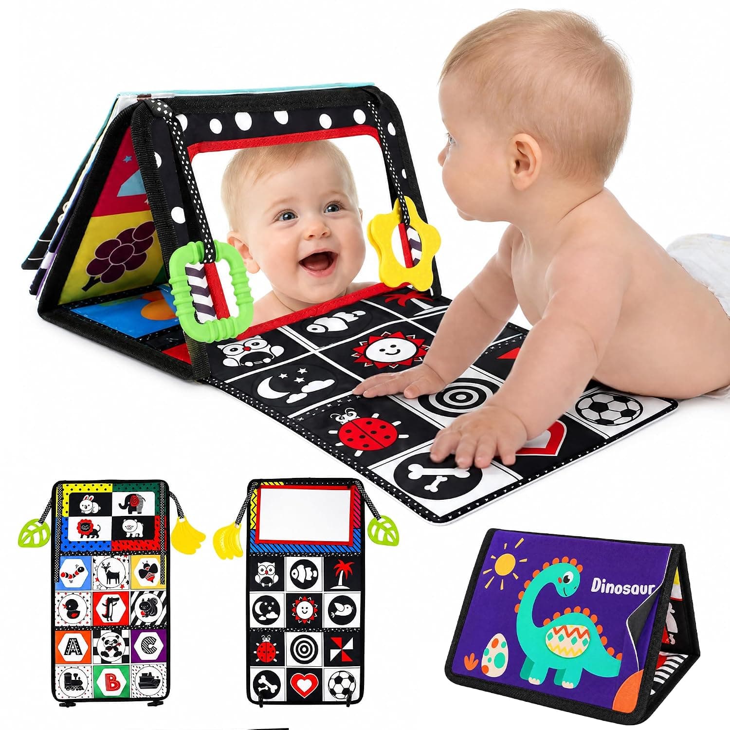 Baby Tummy Time Mirror with Cloth Book, 0-12 Months Montessori Sensory Toy with Teether & Crinkle Paper, Foldable High Contrast Baby Toy for Stroller Crib Newborn (Alphabet)