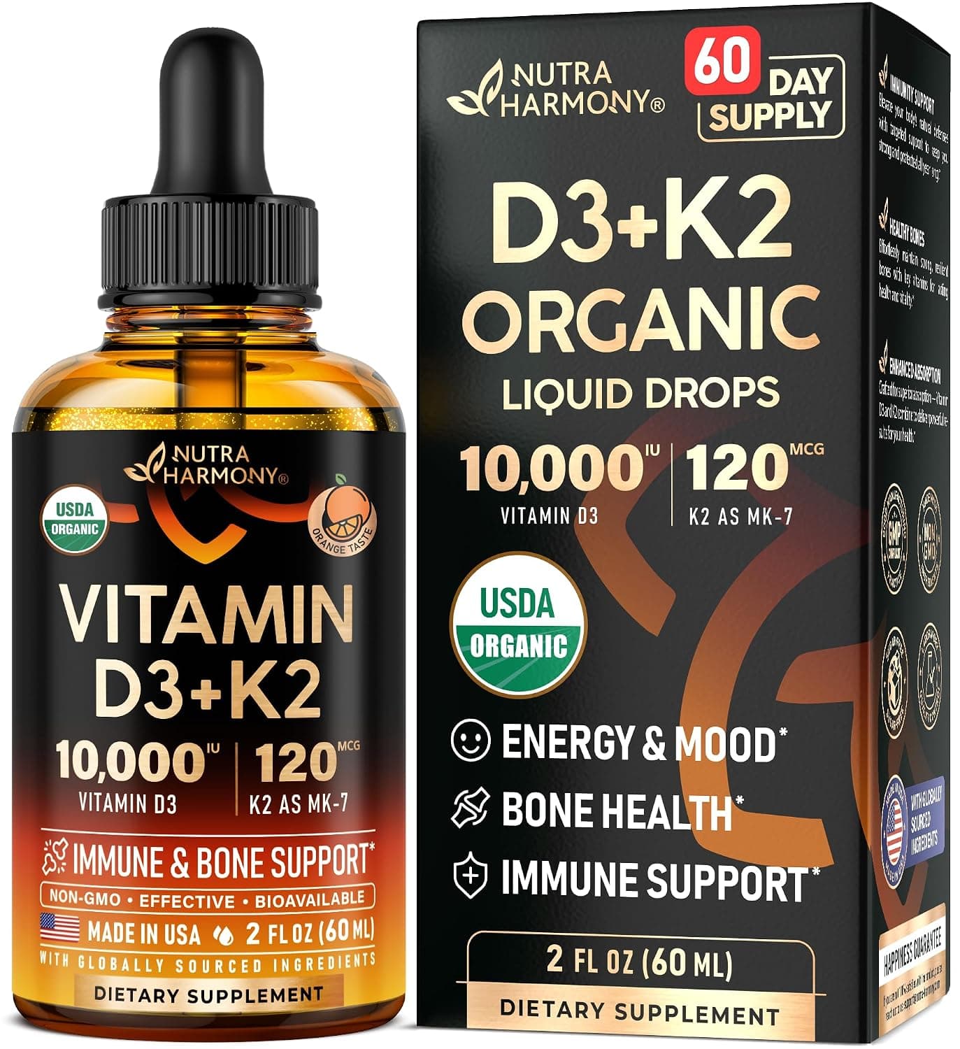 NUTRAHARMONY Organic D3 + K2 Drops - Immune & Bone Support - 2 fl oz | Immune & Mood Support, Bone & Teeth Health - Sugar-Free, Orange Flavor - Liquid Supplement for Men & Women - 60-Day Supply