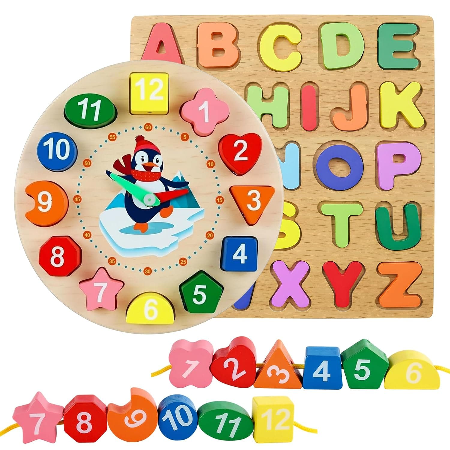 Small Wooden Clock & Alphabet Puzzle Set – Montessori Learning Toy for Kids Age 3–5 Teach Time, ABC, Shapes & Fine Motor Skills Safe Non-Toxic Wooden Educational Toy for Toddlers Small Size