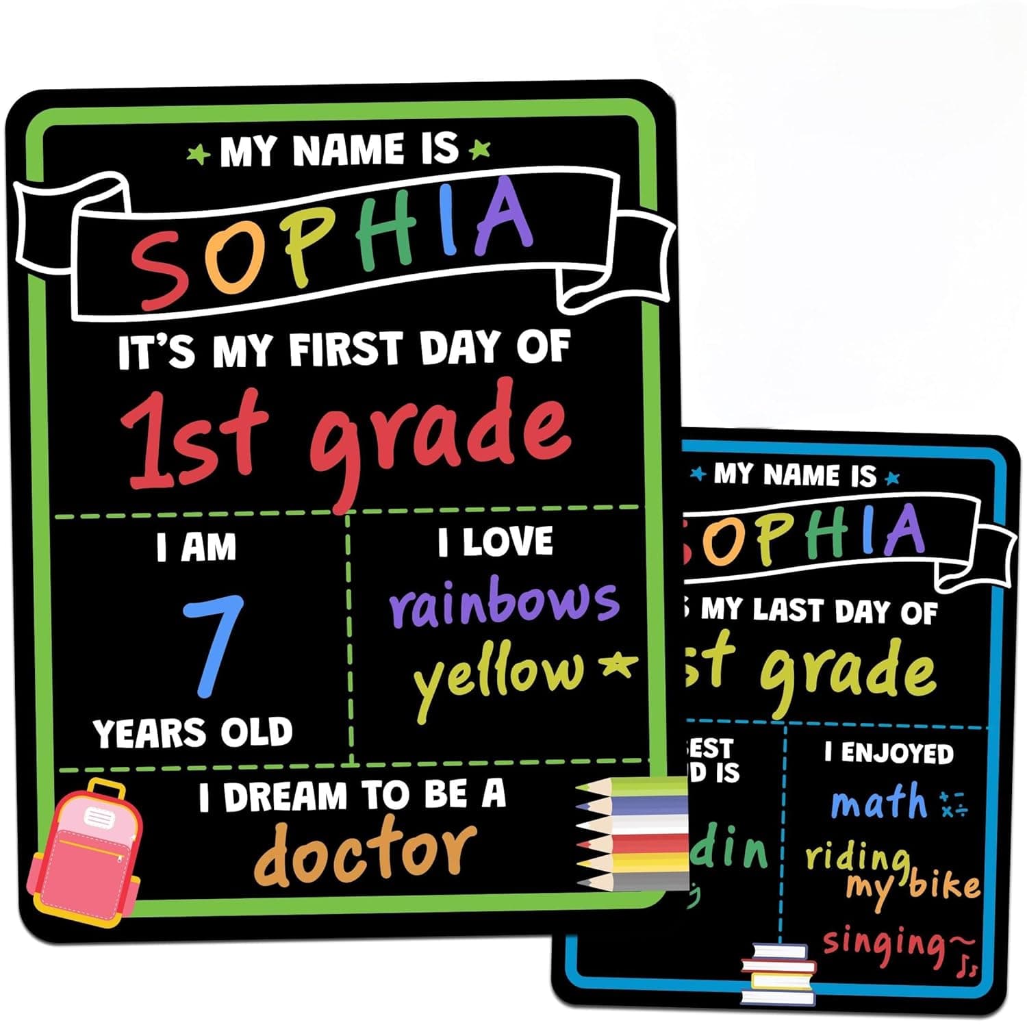 Reusable Double-Sided First Day of School Chalkboard Sign, Back to School Photo Prop for Preschool and Kindergarten Kids, My First & Last Day Memory Board, Easy to Clean School Supplies (14”x11”)