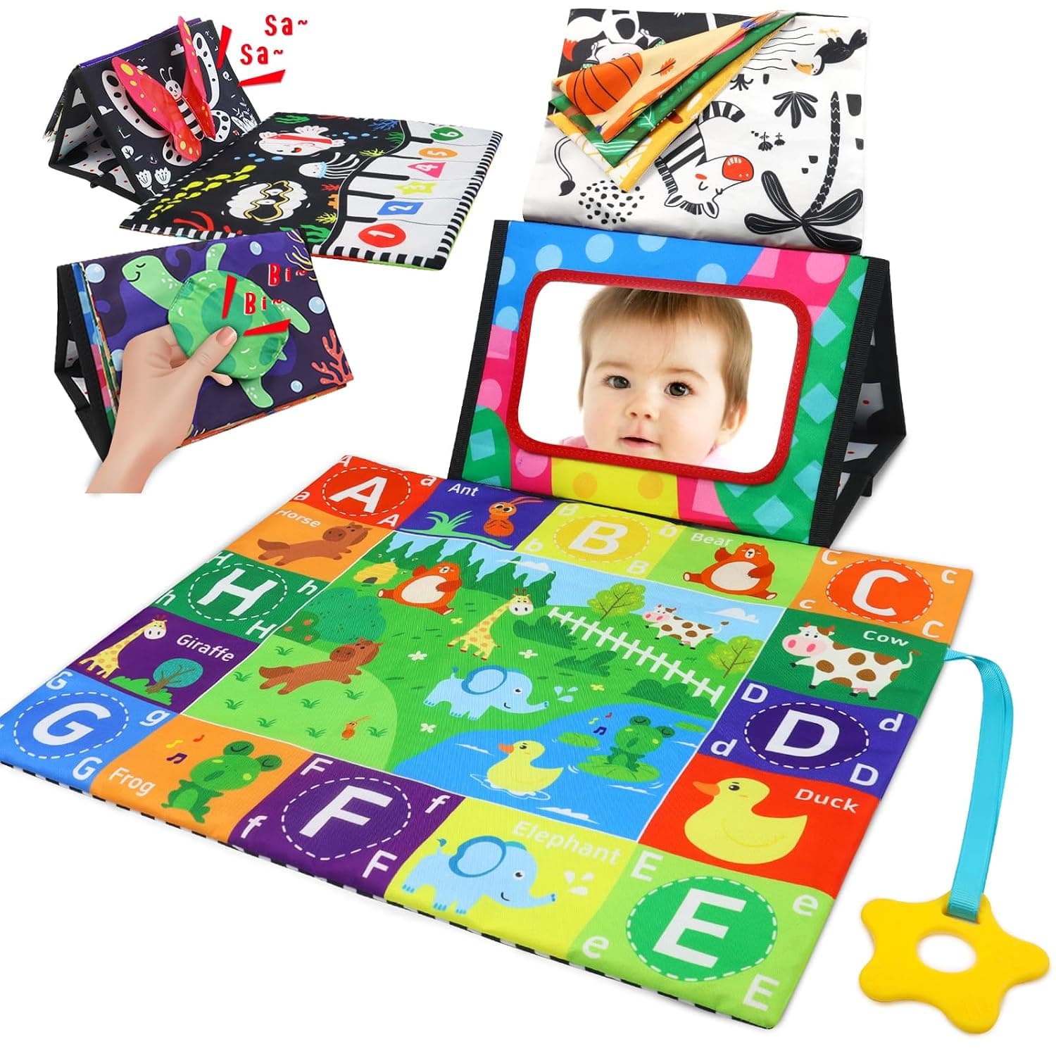 KUANGO Tummy Time Set - 2 Pcs Tummy Time Toys with Mat & Mirror, Baby Mirror Newborn Toys 0-3, Brain Development, High Contrast Montessori Infant Toys 0-6 Months