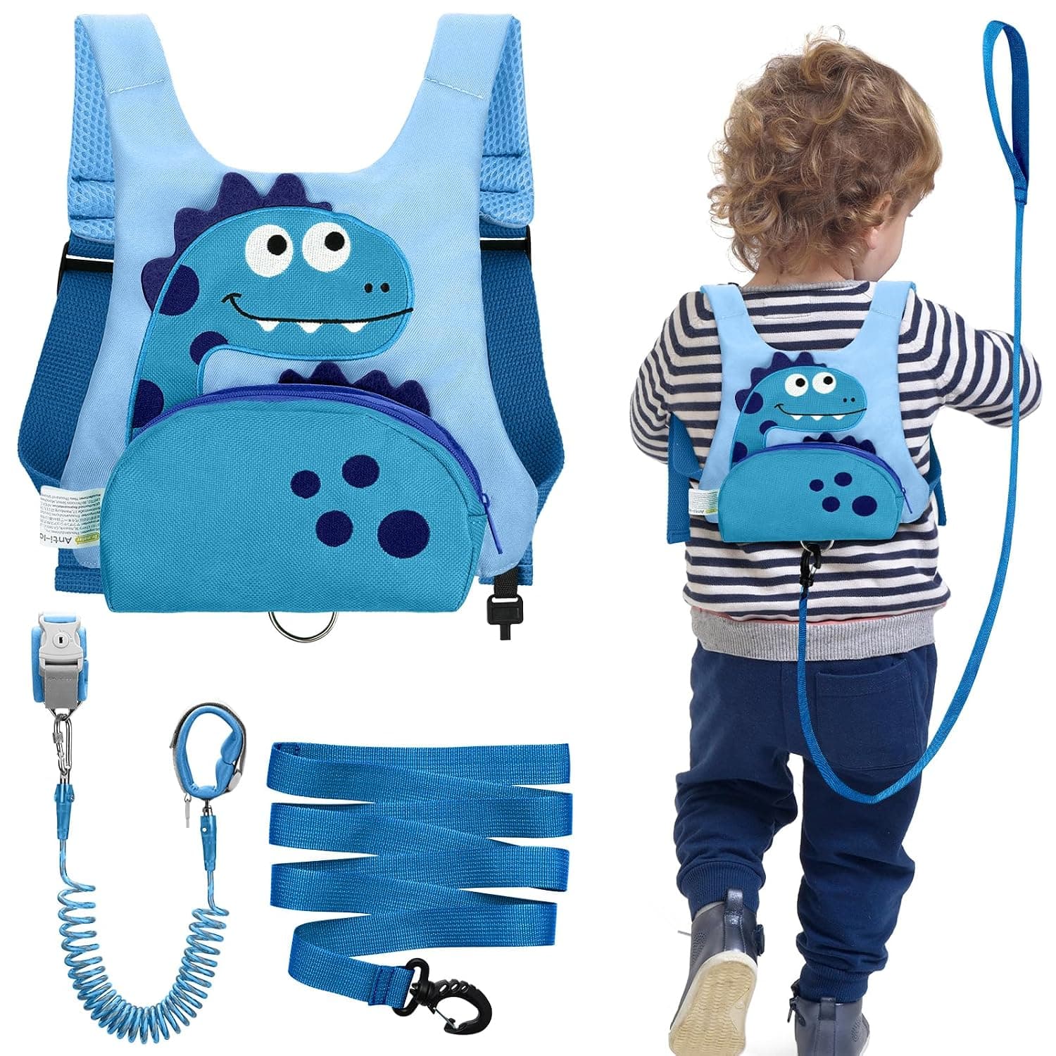 Dr.meter 3 in 1 Toddler Harness Leash + 8.2ft Anti Lost Wrist Link, Cute Dinosaur Kids Safety Harness with Key Lock, Child Walking Harness Assistant Strap for Outdoor Activity Travel | 8.2ft Anti Lost Wrist Link, Safety Harness Tether with Key Lock, Child Protective Leash While Walking for Outdoor, Blue