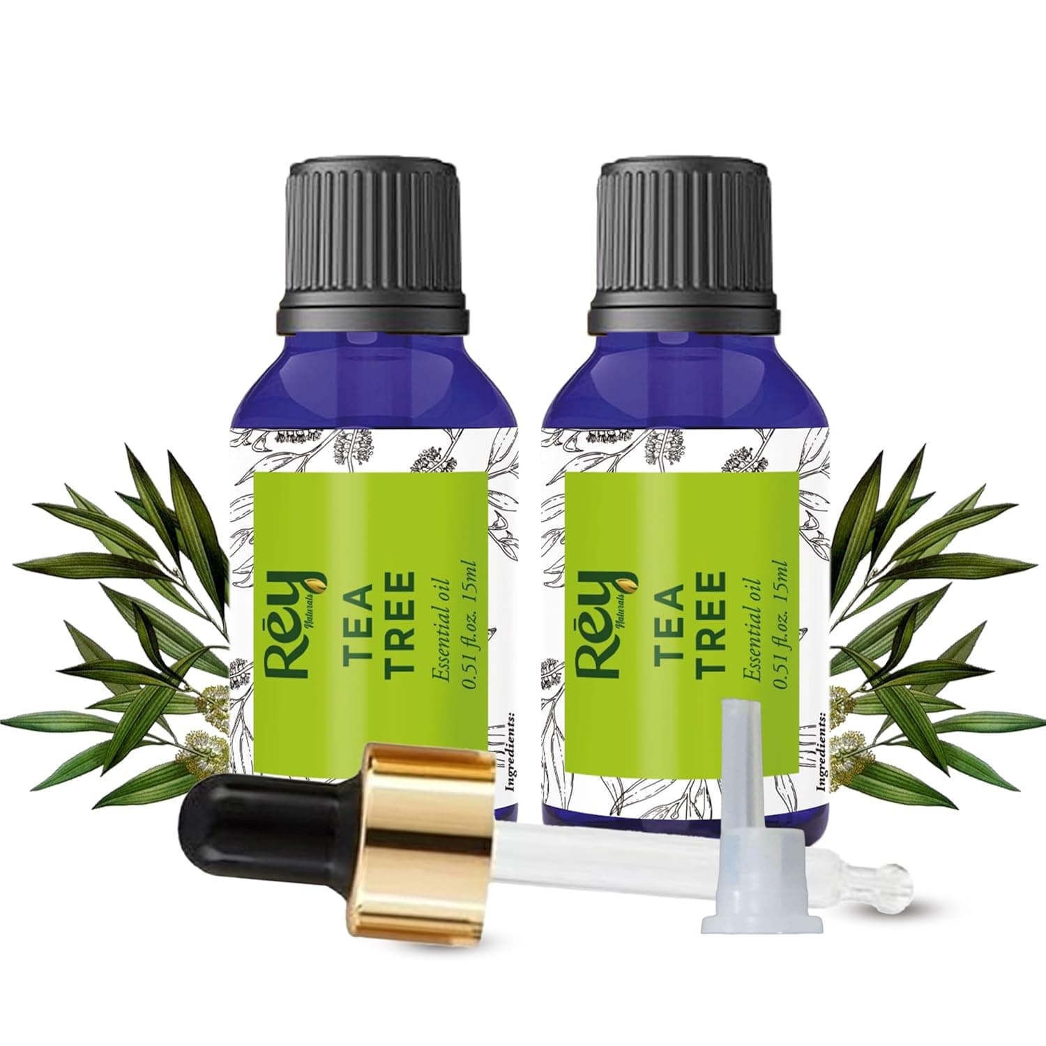 Rey Naturals Tea tree oil for Aromatherapy - Tea Tree Essential Oil for Healthy Skin, Face, and Hair - 100% Organic Remedy for Dandruff, Acne - 30 ml (15 ml x 2)
