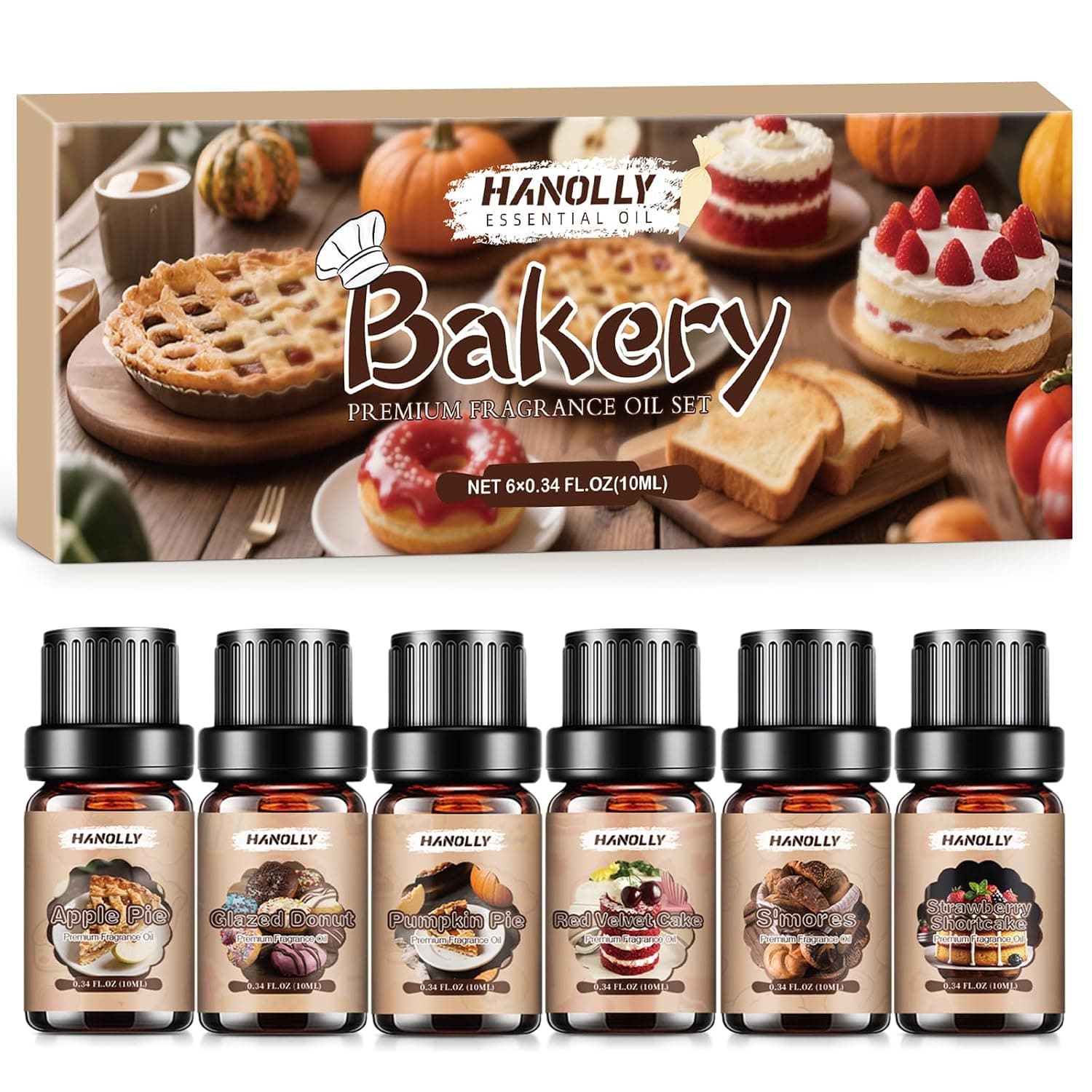 Hanolly Bakery Essential Oils Set 6 x 10 ml, Aroma Diffuser Oil Fragrance Oils for Candle Making - Apple Cake, Pumpkin Cake, S'mores, Glazed Doughnut, Red Velvet Cake, Strawberry Cake