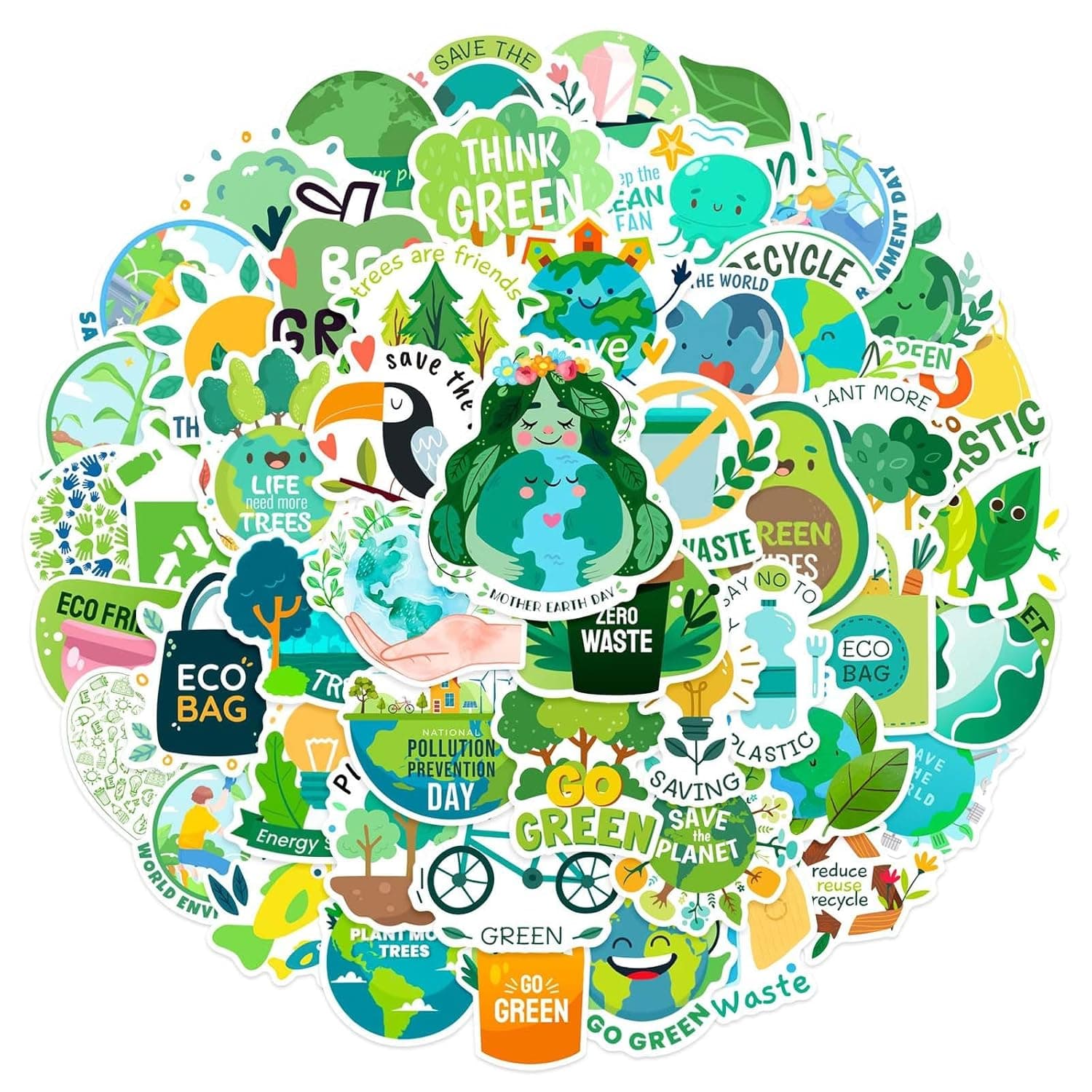 50 pcs Green Department Environmental Theme Stickers Earth Day Stickers for Teens Water Bottles Fun Environmental Theme Vinyl Stickers for Kids Journal Laptops Skateboard Luggage Phone