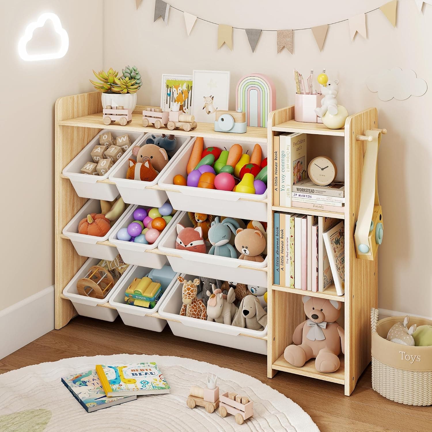 Toy Storage Organizer with Bookcase, Toy Organizers and Storage with 6 Shelves/9 Bins/3 Hooks, Kids Bin Shelf, Toys Box for Playroom Organization for Bedroom, Nursery & Toddler Room