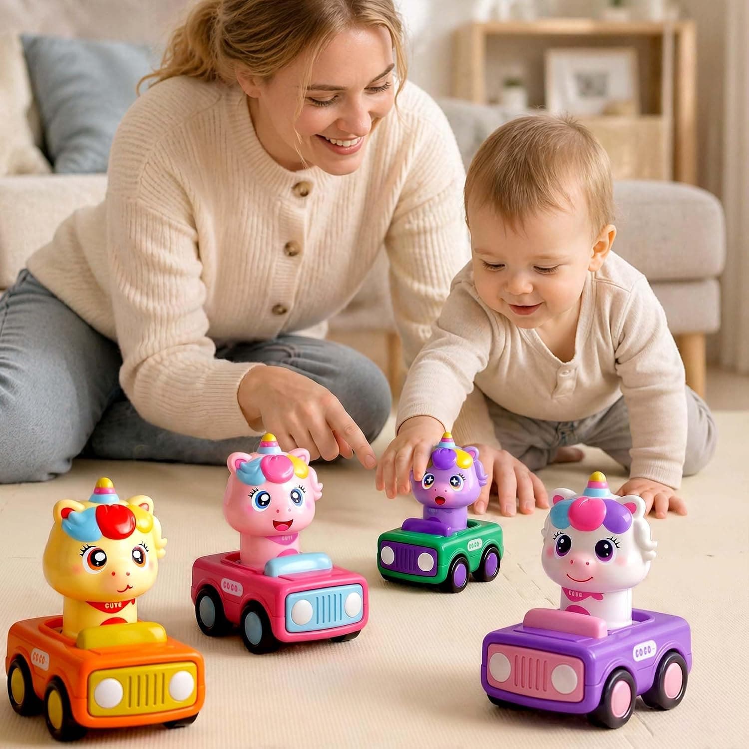 Press to Go Unicorn Car Toys for Toddler 1-3, Baby Animal Racing Cars, Infant Girl Push Go Friction Toy, Kids Play Vehicle for 12 18 24 Month, 1st Birthday Gifts for 1 2 One Yr Child Boy