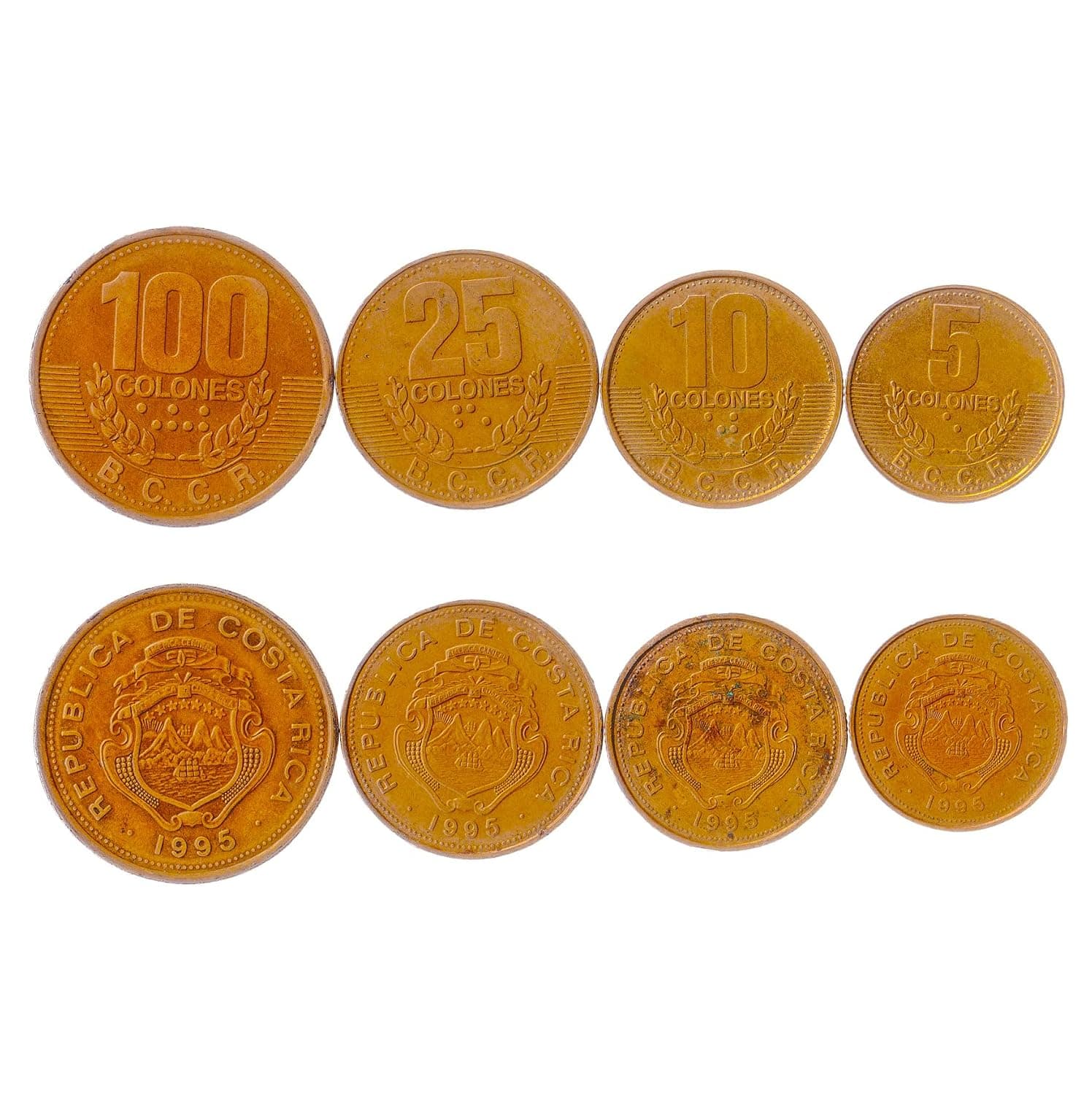 4 Coins from Costa Rica | Costa Rican Tico Coin Set Collection 5 10 25 100 Colones | Circulated 1995 | Ship | Star | Volcano | Coffee Branch
