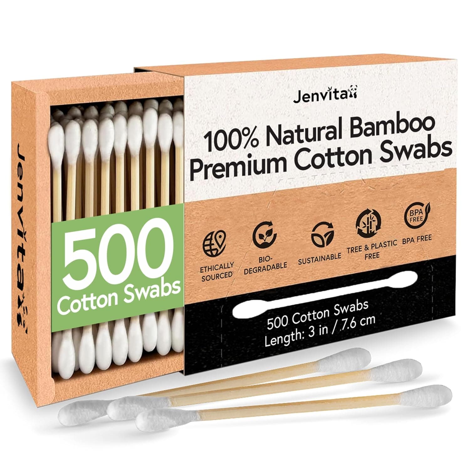 Jenvita 100% Bamboo Cotton Swabs for Ears, 500 Pack, Double-Tipped | Baby & Personal Care, Makeup, Cleaning, FSC Certified, Hypoallergenic, All Ages, Pets