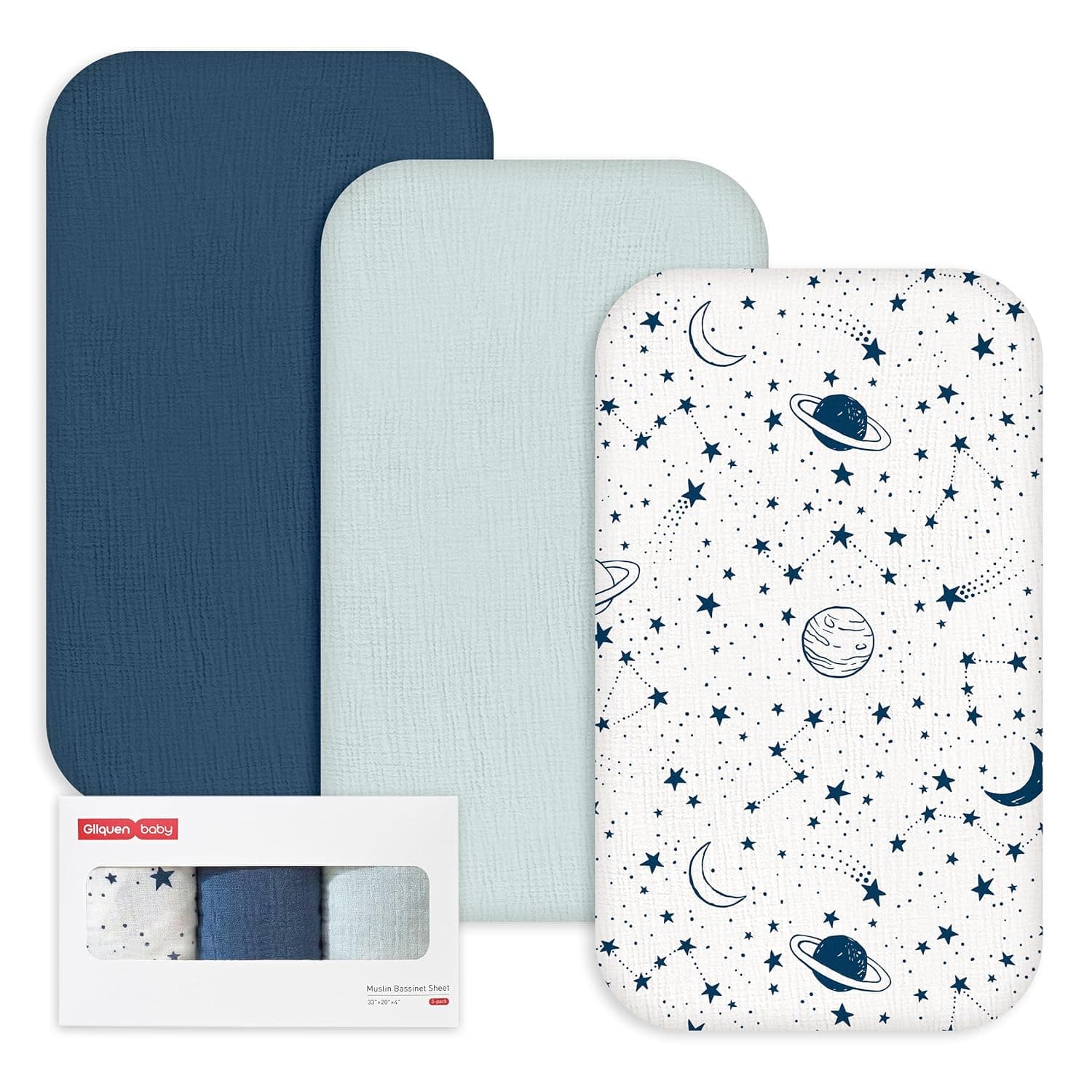 Gllquen Baby 3-Pack Muslin Cotton Bassinet Sheets, 33"x20" Bedside Sleeper