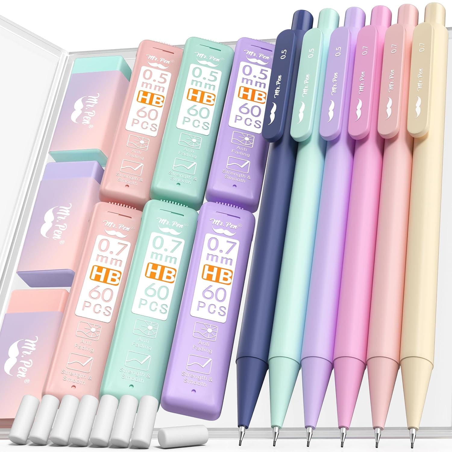 Mr. Pen- Pastel Mechanical Pencil Set with Lead Refills & Erasers, 6 Pack, 2 Sizes, 0.5 & 0.7mm, 6 Tubes HB Lead Refill, 3x Erasers for School Supplies, Note Taking, Drawing, Sketching, Office