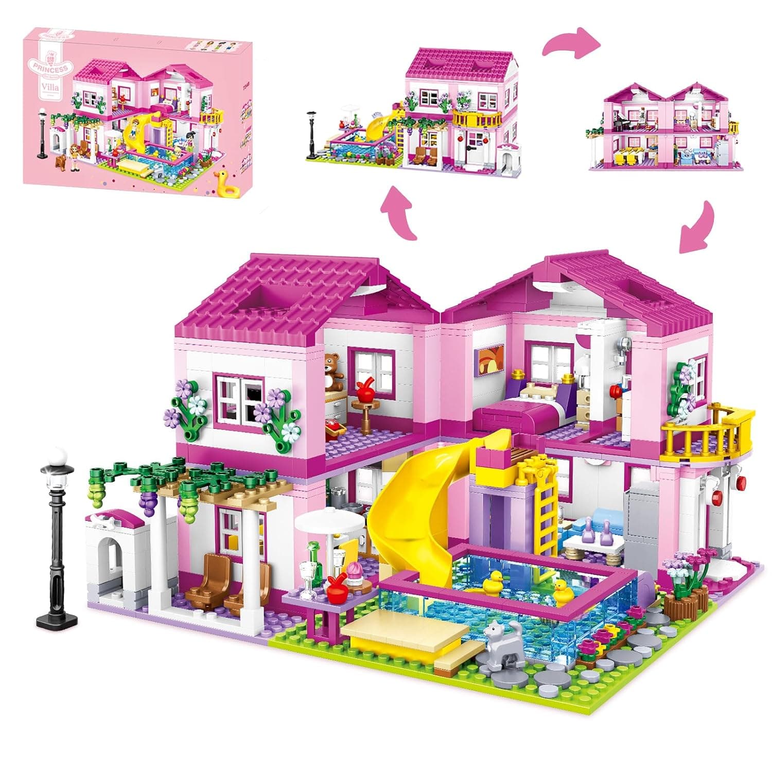 CSNRHG Pink Summer Pool Villa Building Block Set Friends Construction Educational Toy 1018 Pieces Gifts for Girls Teens Kids Adults Ages 6+