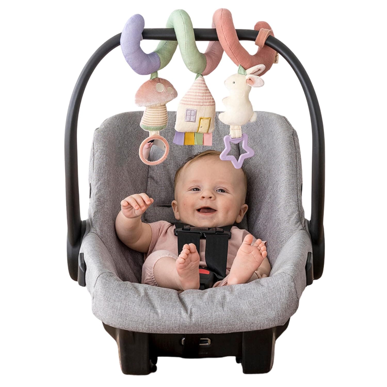 Itzy Ritzy Spiral Car Seat & Stroller Activity Toy; Includes Dangling Ring, Mirror and Textured Ribbons; Pastel Rainbow