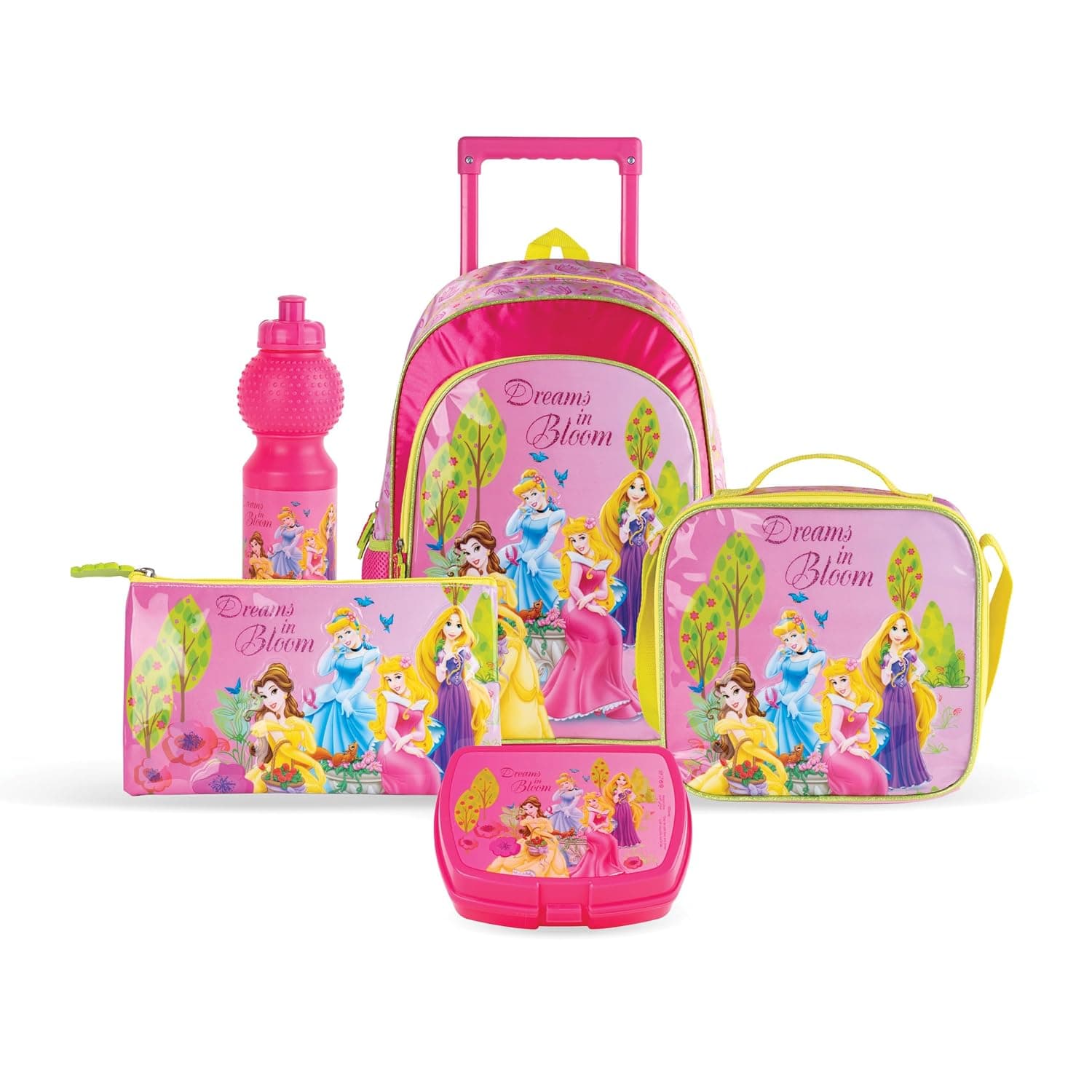 Trucare Disney Princess Dreams In Bloom 5-in-1 Trolley Box Set for Girls – 18-Inch Pink School Backpack Lunch Bag Pencil Case & Accessories