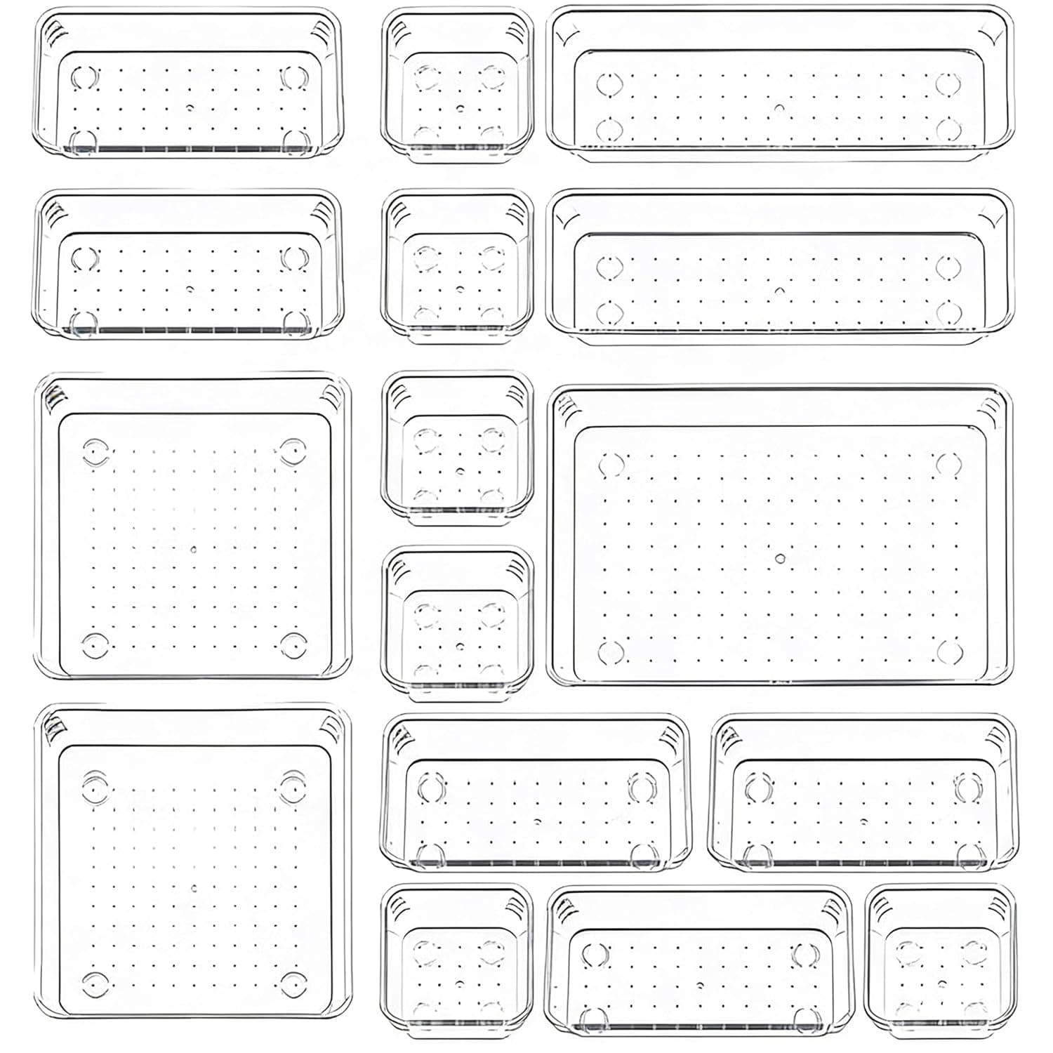Clear Plastic Drawer Organizers Set, Versatile Bathroom and Vanity Drawer Organizer Trays, Storage Bins for Makeup, Bedroom, Kitchen Gadgets Utensils and Office (16 Pieces)