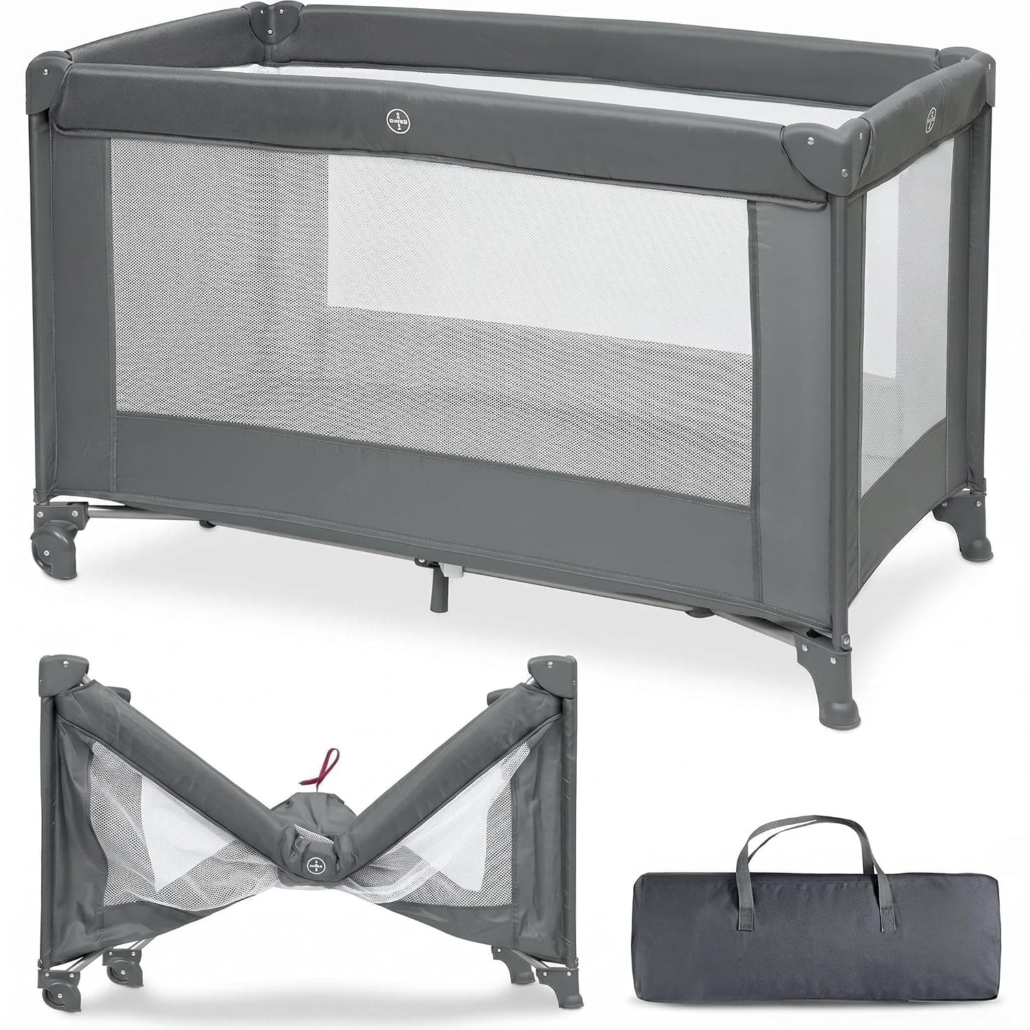 Portable Birthing Bed (with Nursery) – 360° Mesh Field of View, Quickly Foldable for Easy Travel, with Storage Bag and Foldable Pillow, Compact & Lightweight – Grey