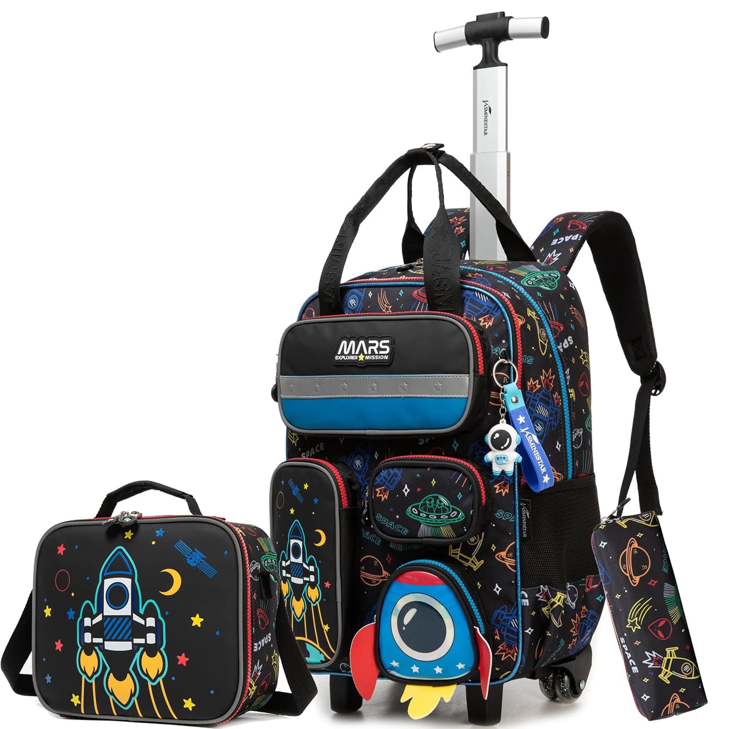 HTgroce Girl's Primary School Bag on Wheels Girl's Lunch Bag Pencil Case, B-black Astronaut, 42 cm, Playing & Trendy