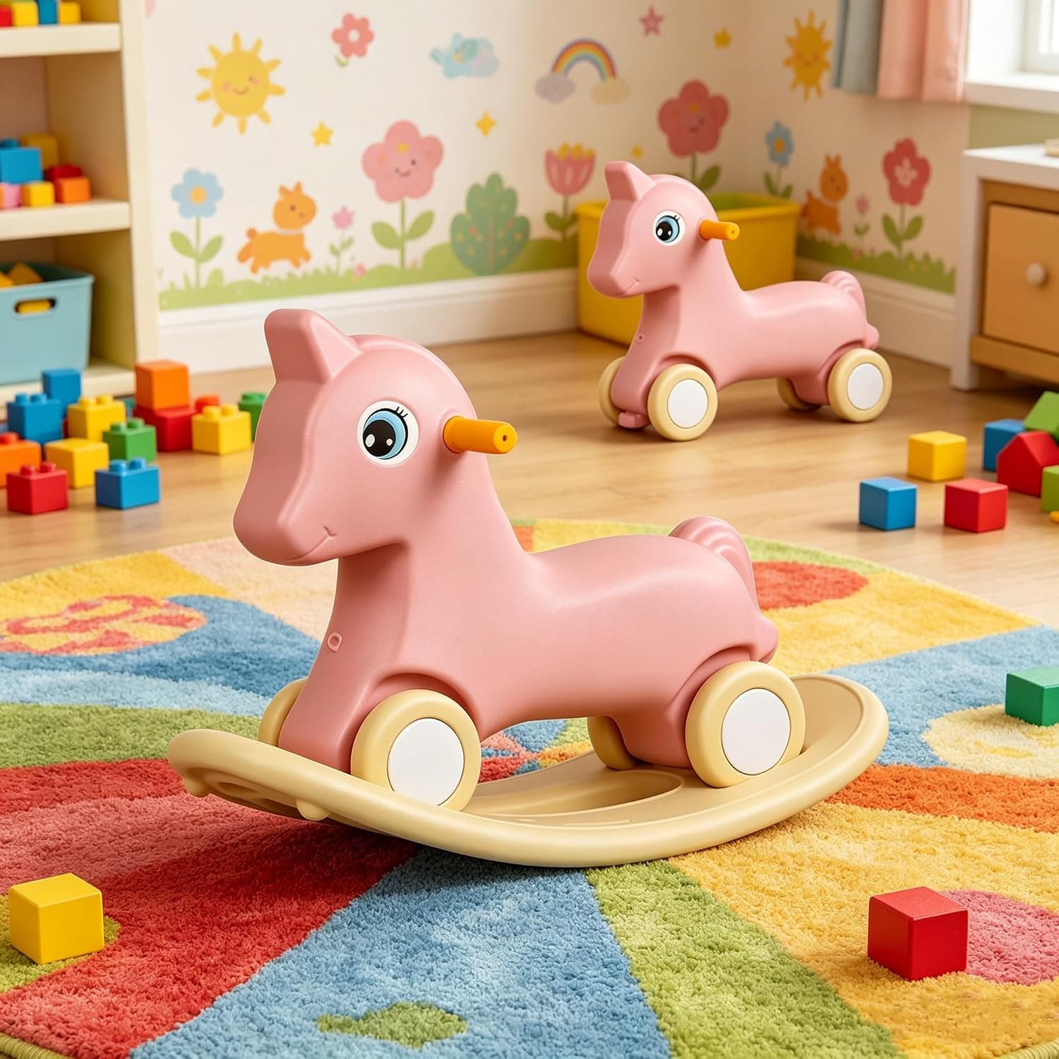 JCB_CHIC 2 in 1 Rocking Horse for Toddlers 1-3,Convertible Balance Bike Ride On Toy with Detachable Rocking Board,Silent Smooth Wheels Safe Baby Play Toy (Pink)