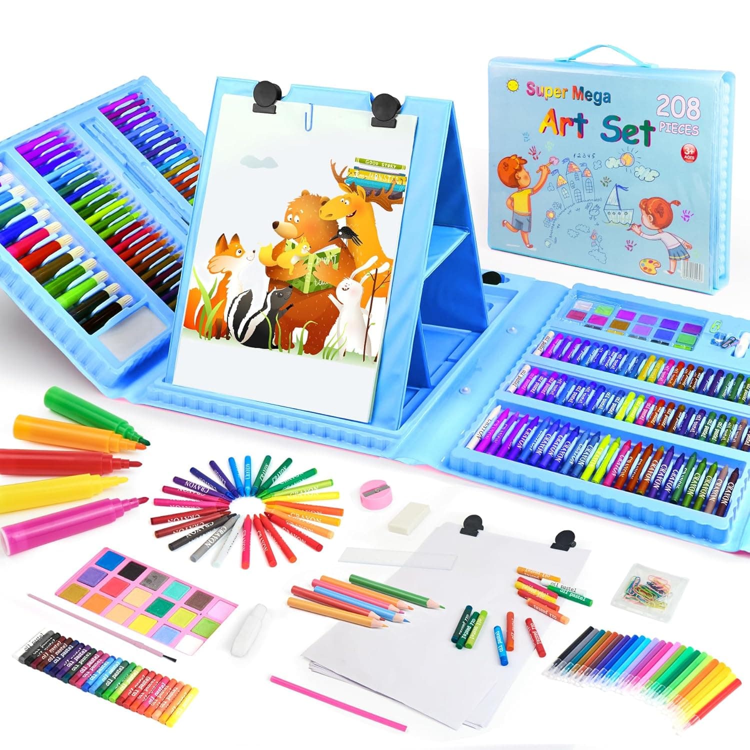 TOMMYHOME Drawing Kit 208PCS Deluxe Colouring Art Set for Kids 4-12 Draw & Painting Set with Watercolour Drawing Colouring Pencils for Children Kid blue