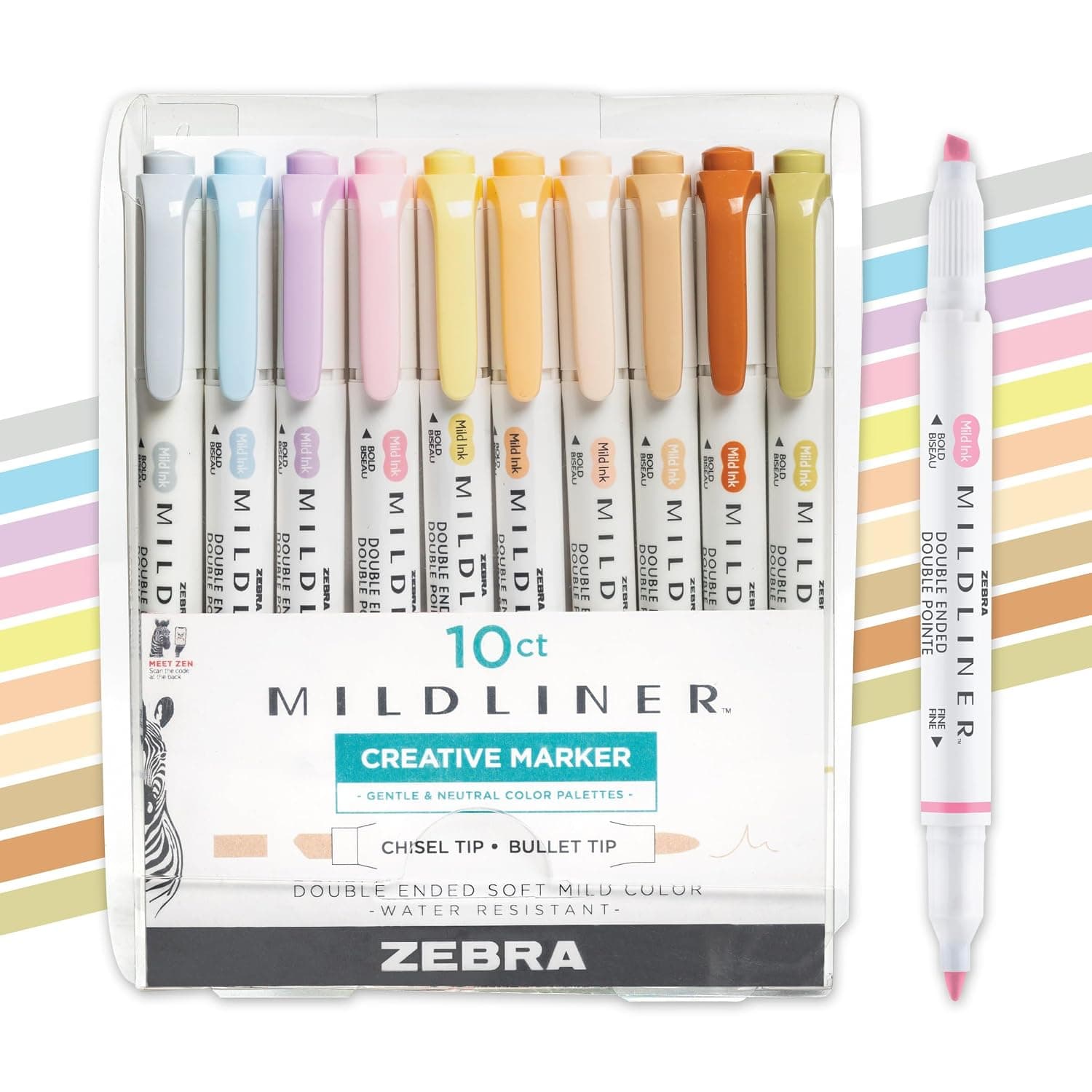 Zebra Pen Mildliner Double Ended Highlighter Set, Chisel and Bullet Point Tips, Assorted Neutral and Gentle Ink Colors, 10-Pack (78701) | No Bleed, Broad and Fine Point Tip, Ideal for Bible Highlighting, Journaling, School, Teacher and Office Supplies (78701)