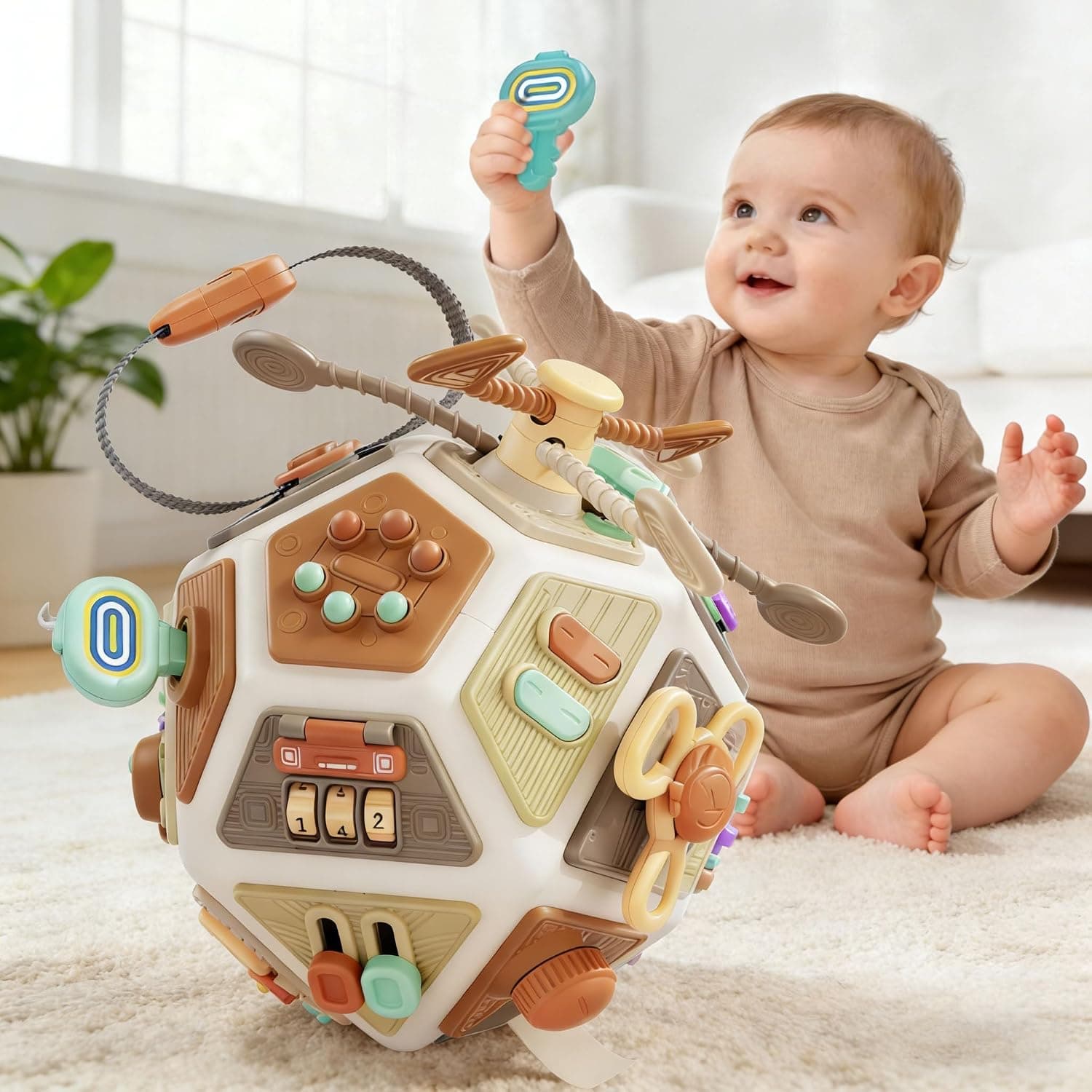 22‑in‑1Toddler Busy Board Activity Cube Toys, Montessori Sensory Toy & Travel Leaning for Toddlers, Early Education Active Toy and Fine Motor Skills Development Toy (Milk coffee color)