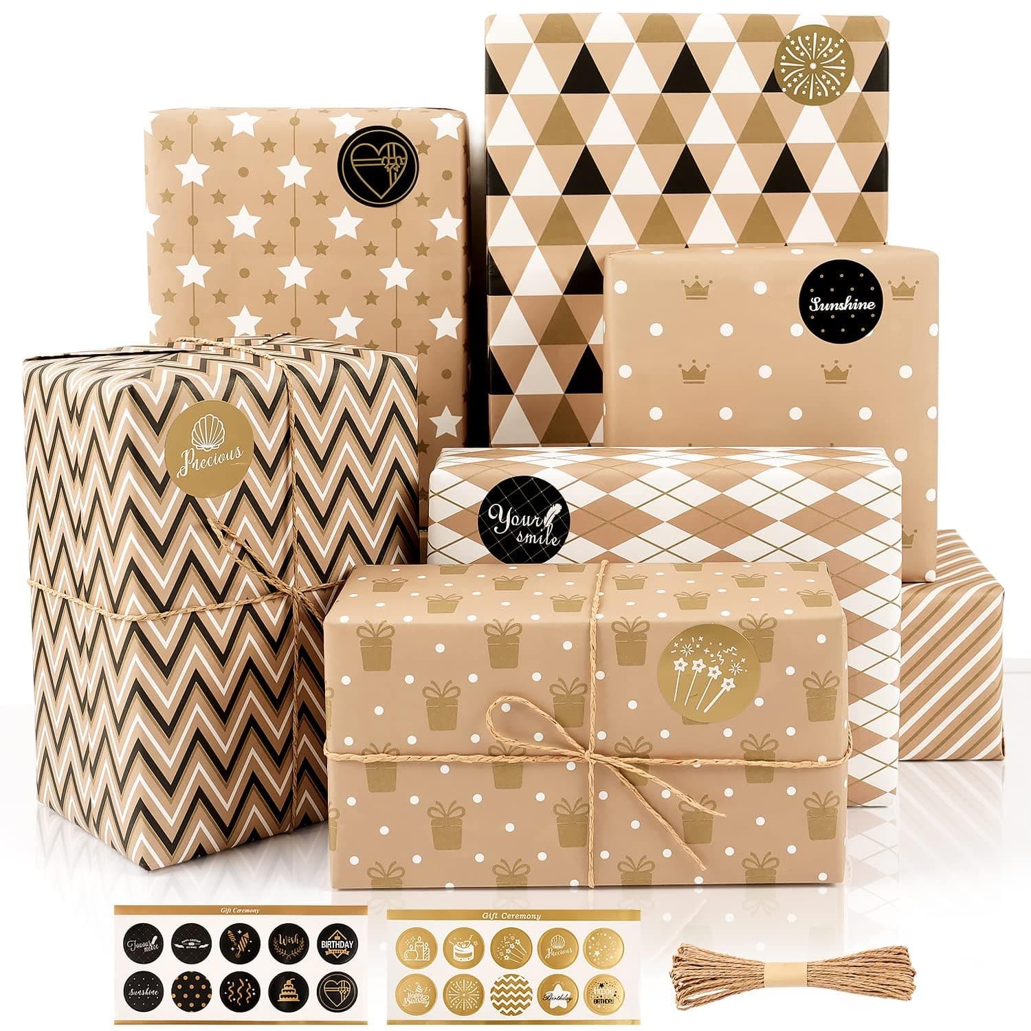 Kraft Wrapping Paper - Brown, 8 Sheets with Stickers & Paper Rope, 50x70CM - Perfect for Birthday, Graduation & All Occasions