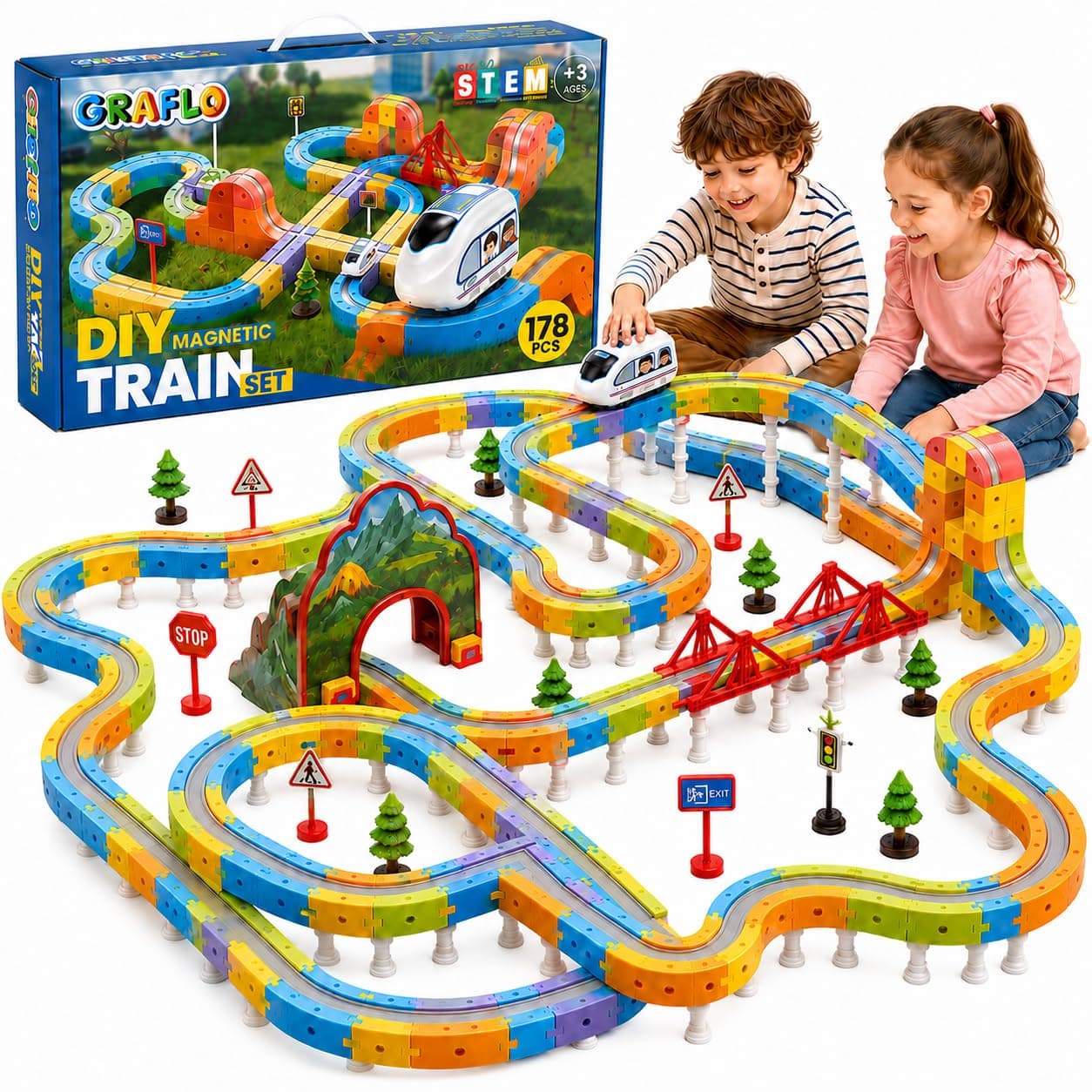 GRAFLO 178PCS Magnetic Train Building Blocks Set – STEM Educational Magnetic Tiles for Kids, Construction Stacking Toy with Train Cars, Tracks & Figures, Creative Gift for Boys & Girls Ages 3-8