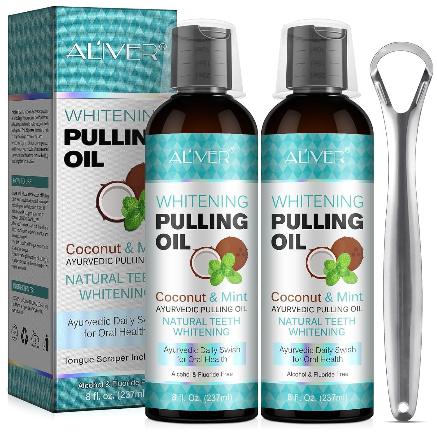 ALIVER Coconut Pulling Oil for Teeth 237ml 2 Pack, Oil Pulling with Tongue Scraper, Natural Oral Care, Fights Bad Breath, Alcohol-Free, Tooth Whitening, Gum Health, Dye Free, Antigingivitis Oral Rinse