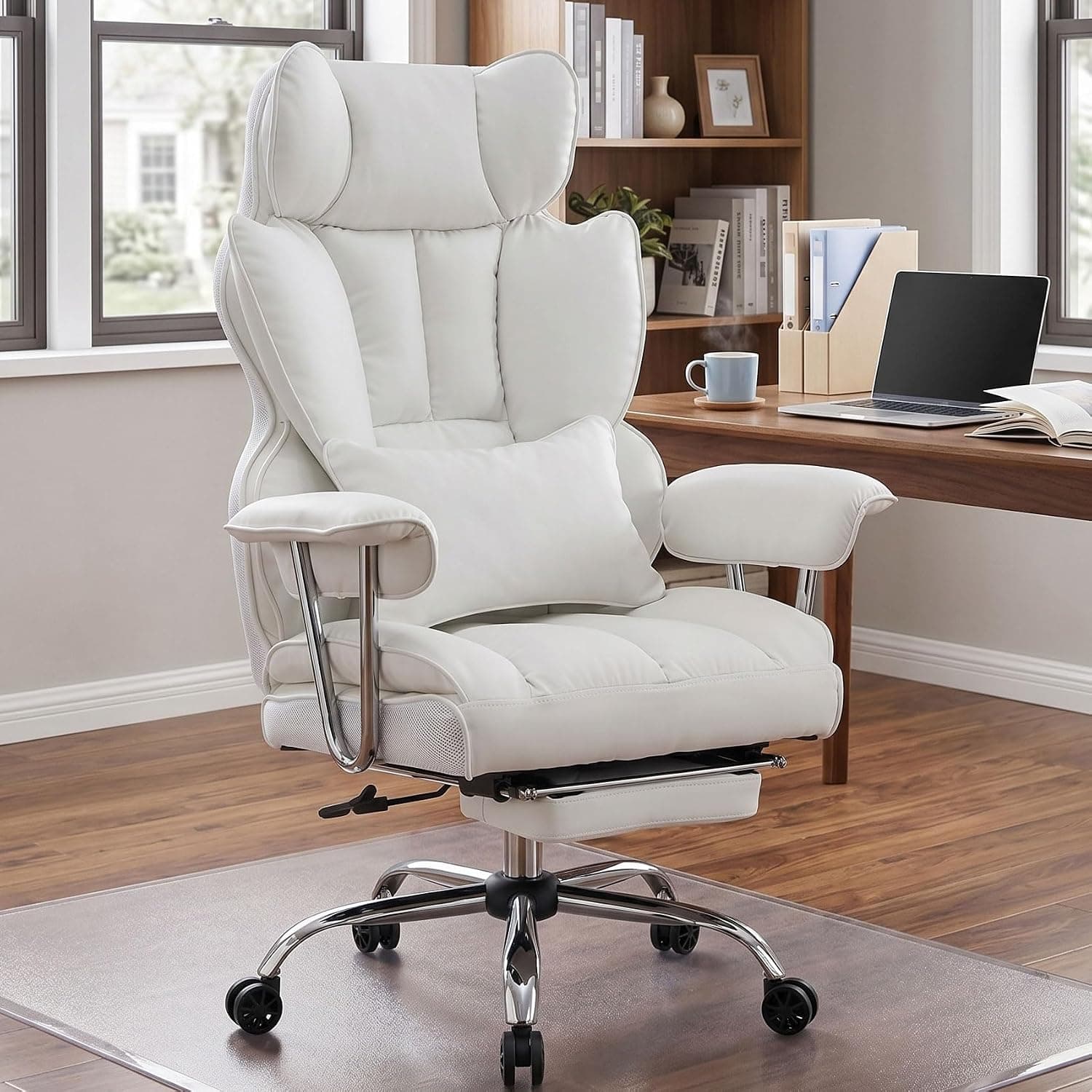 efomao Executive Office Chair 180kg, White Big and Tall Desk Chair | Comfortable 60cm wide dual layer cushion 135 recline PU leather desk chair with footrest and lumbar pillow