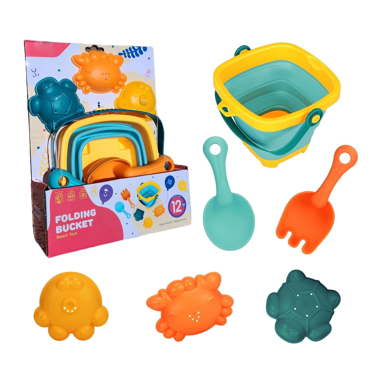 NALACAL Beach Toys for Kids, Sand Toys Folding Bucket Shovel and Sand Rake 3 Sand Molds 6 PCS Soft Rubber Toys Sandbox Toys Bath Toys