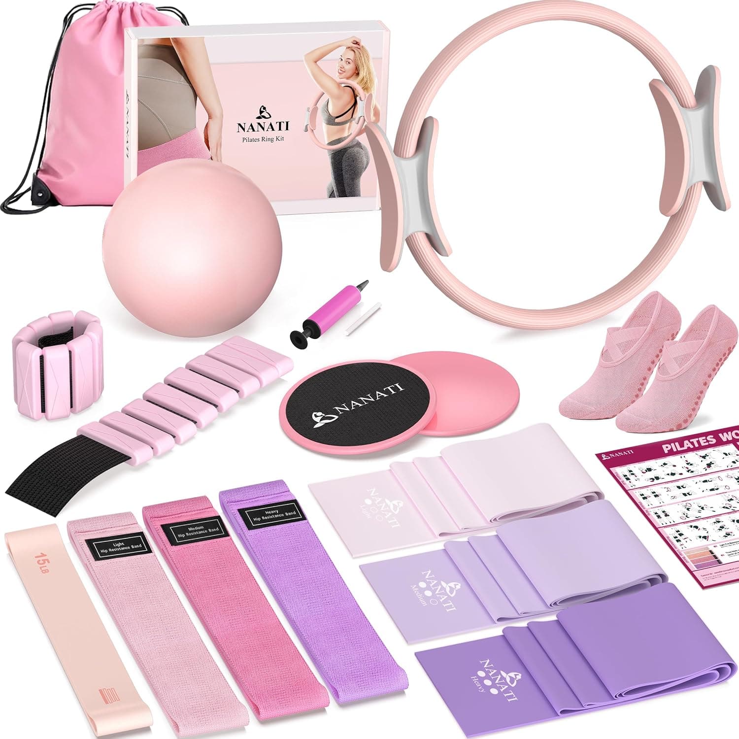 NANATI Pilates Kit, Home Pilates Workout Kit for Women, Pilates Equipment with 14.5"" Pilates Ring and Ball, Resistance Bands, Ankle Weights, Sliders & Grip Socks for Home Workouts