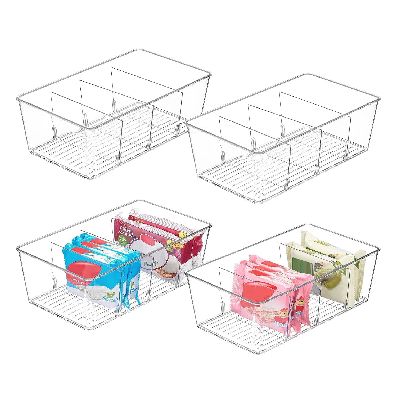 Vtopmart 4 Pack Clear Plastic Food Storage Boxes, 4 Compartment | Kitchen, Fridge, Cabinet Storage Organizer, for Snacks, Tea, Coffee, Spice Packets, 26.4x15.5x9cm