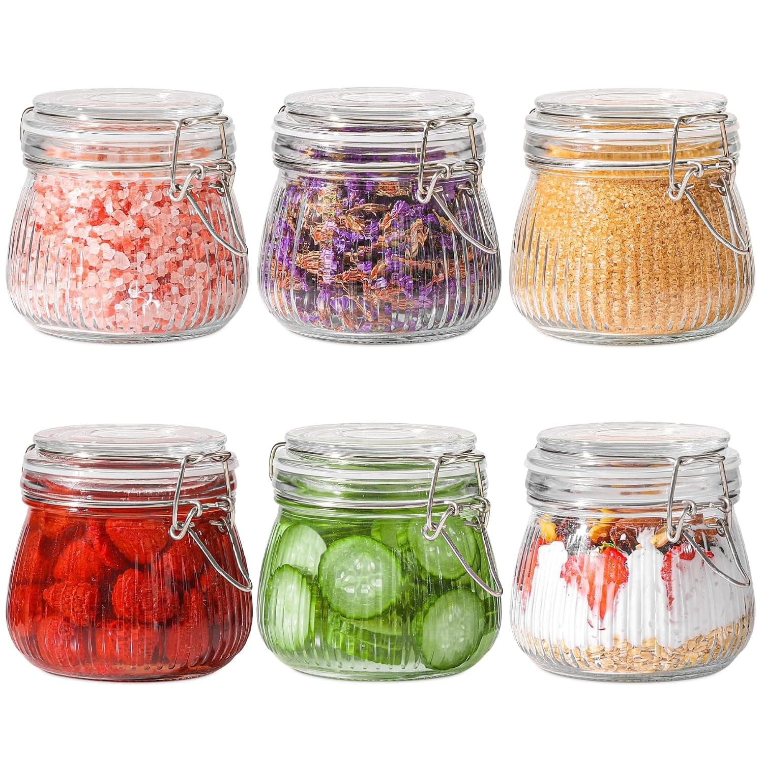 Airtight Glass Canister Set of 6 with Lids,17oz Food Storage Jar Round Storage Container with Clear Preserving Seal Wire Clip Fastening for Kitchen Canning Cereal,Pasta,Sugar,Beans (Ridged)