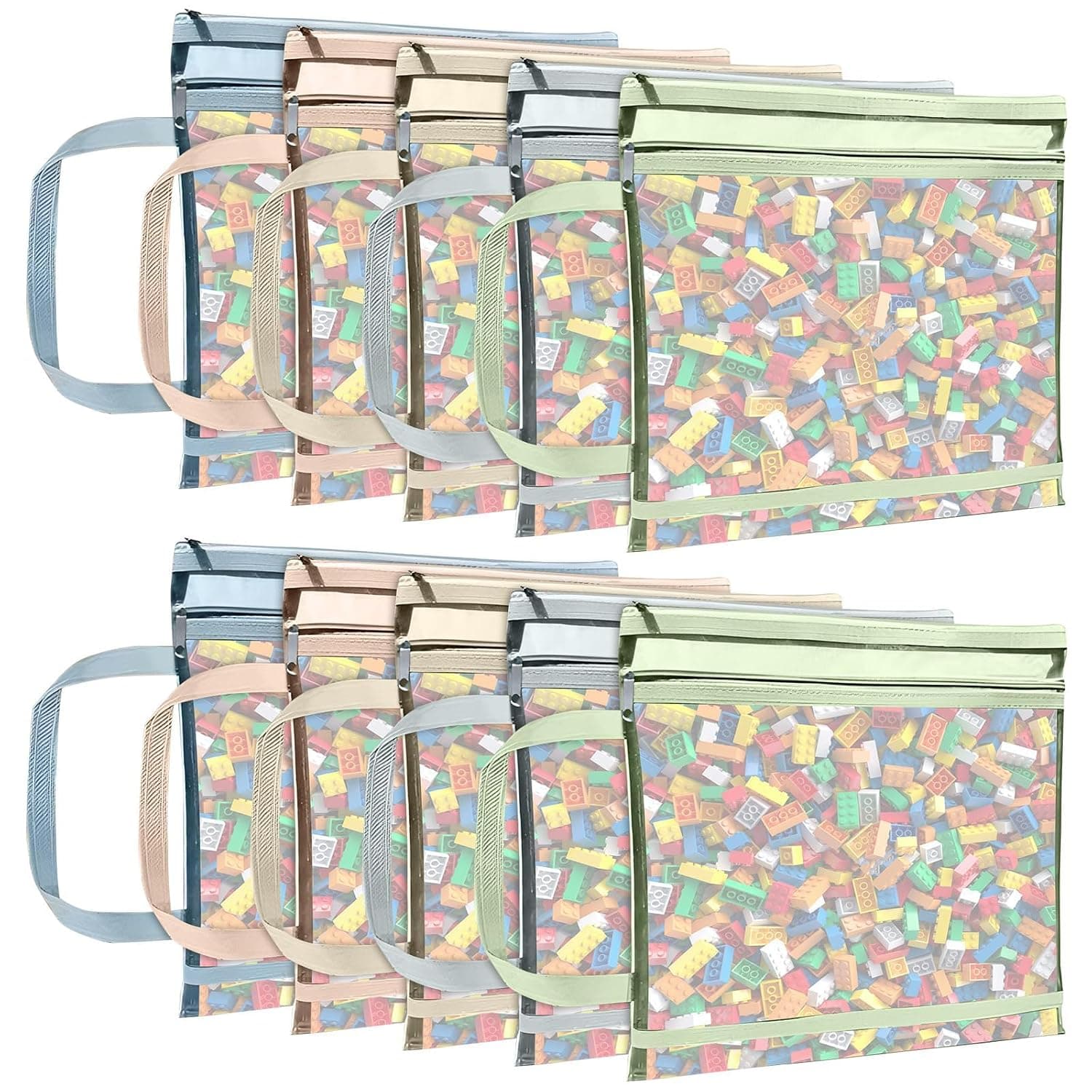 10 Pack Colored Mesh Zipper Pouch Bags, A4 Double-Layer Nylon Storage Bags with Handle Pocket, Breathable See-Through Toy Storage Bag for Home School Office Puzzle Building Block Stationery Books
