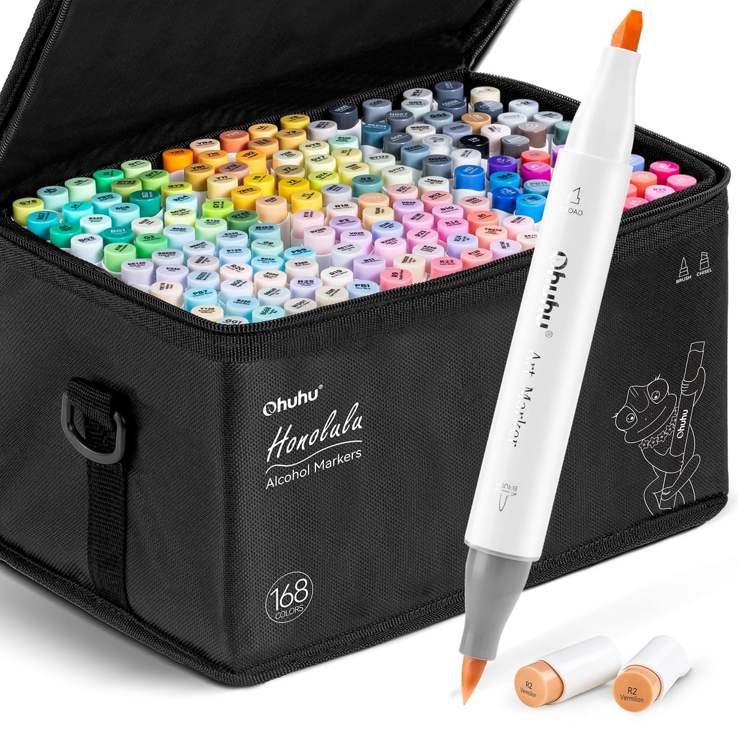 Ohuhu Alcohol Markers Brush Tip: 168 Colors Dual Tip Alcohol-based Marker for Artist Adults Coloring Illustration- w/1 Colorless Blender - Brush & Chisel - Honolulu
