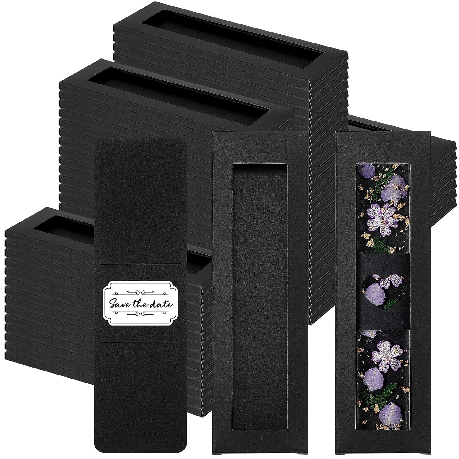 Roowest 50 Set Kraft Bookmark Boxes Sleeves Resin Bookmark Holder 5.9 x 1.8'' Cardboard Gift Boxes DIY Blank Display Cards for Wrapping Gift Supplies(Black)
