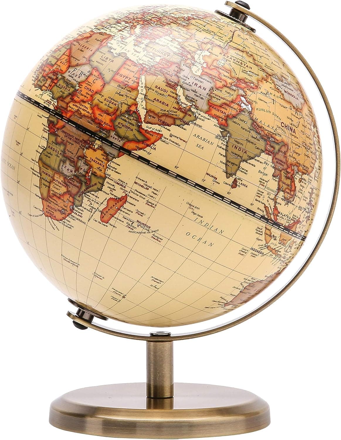 Antique Globe, 5.5-Inch Mini Desktop Globe, English Map with Vintage Color, Modern and Educational Design, Metal Arc Base, Decorative World Globe for School, Home, and Office