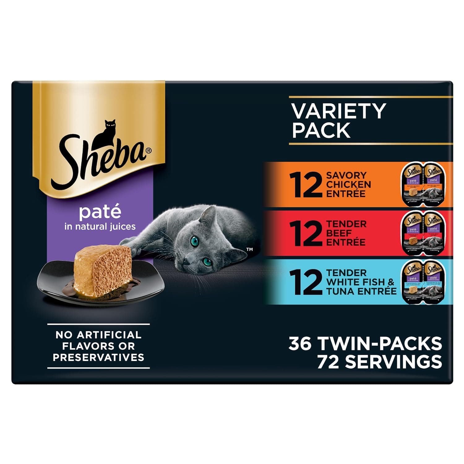 SHEBA Perfect Portions Paté Wet Cat Food Trays (36 Count, 72 Servings), Savory Chicken, Tender Beef, Tender Whitefish & Tuna Entrée, Easy Peel Twin-Pack Trays | Grain-free, made in USA, Chicken, Beef, Whitefish & Tuna, 72 servings, no by-products, no artificial flavors, twin-pack trays