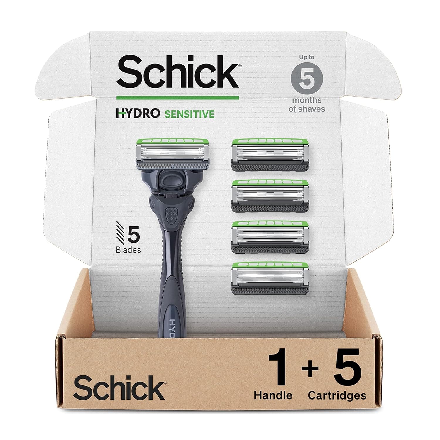 Schick Hydro Sensitive Razor, 1 Razor Handle and 5 Cartridges | Razors for Men Sensitive Skin, 5 Blade Razor Men, Mens Razors for Shaving, Razor Blades for Men, 1 Handle with 5 Razor Blades Refills
