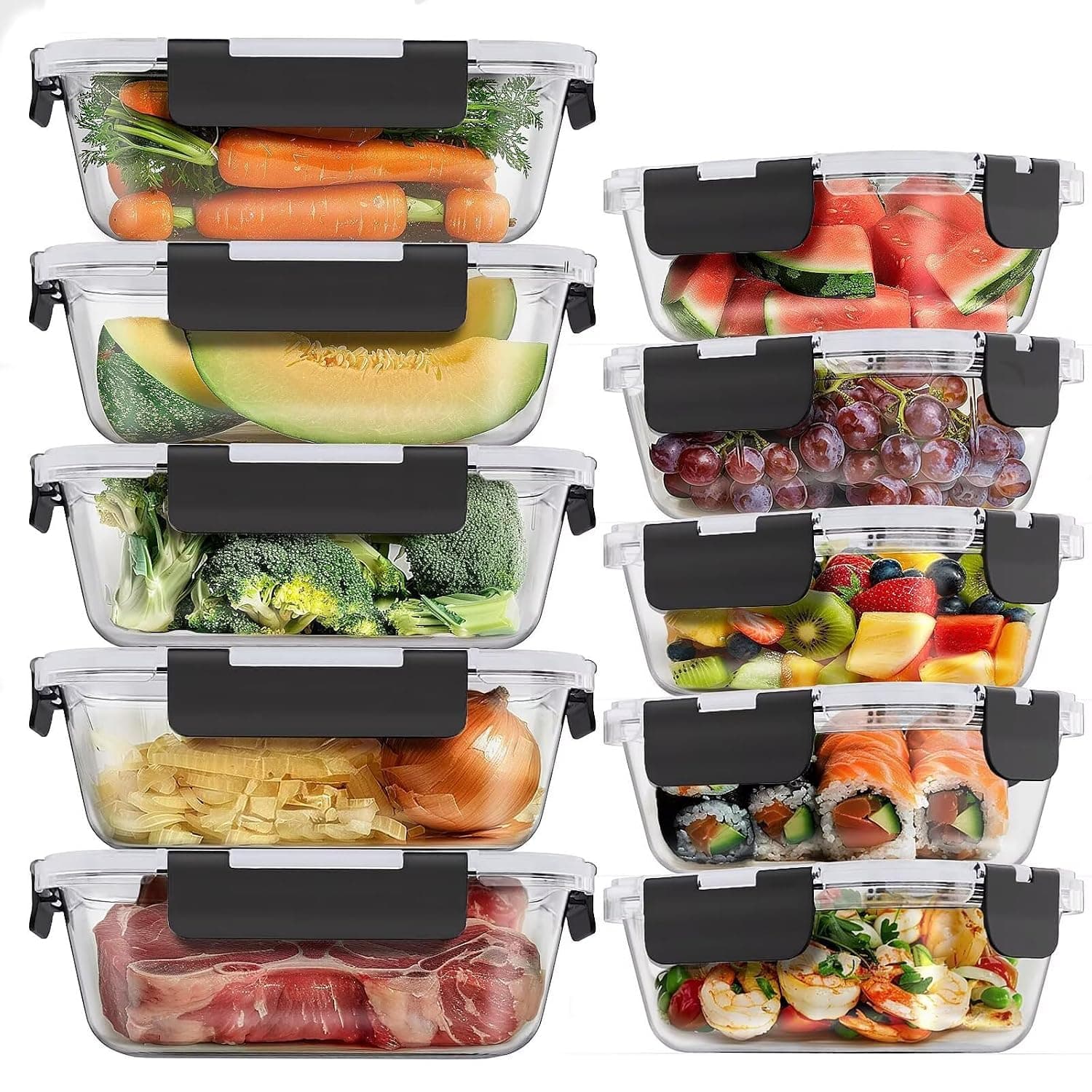 Femora Glass Food Storage Containers 10 Pack, Glass Meal Prep Containers with Snap Lock Leakproof Lids, Reusable Microwave safe BPA-free Lunch Boxes (10 Containers & 10 Lids) 1040ml & 370ml