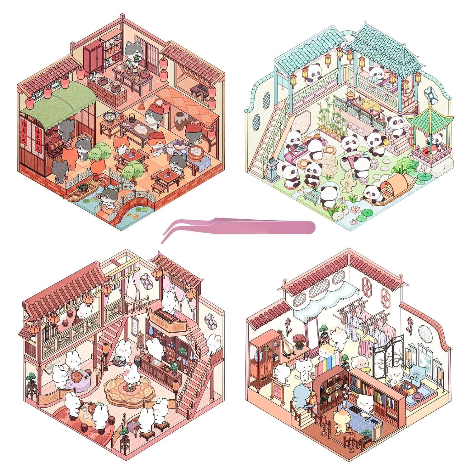 4 Sets Vintage 3D House Model Stickers DIY Craft Kit with Tweezers – Creative Miniature Scene Building for Home Decoration, Kids & Adults Handicraft, Easy to Use