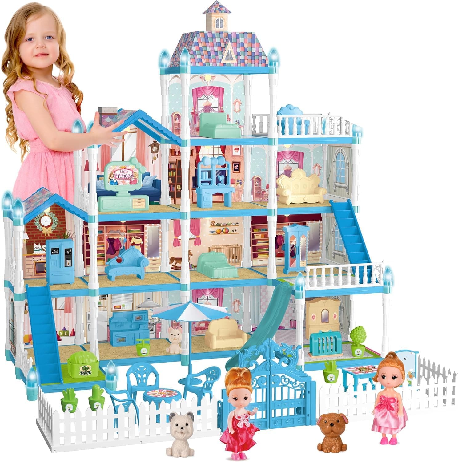 DMG Doll House, Doll House for Girls, 11 Rooms Dollhouse with Dolls Figure, Puppies,Furnitures, Accessories, LED Light, Toddler Playhouse Gift for for 3+ years Old Girls Toys (Blue)