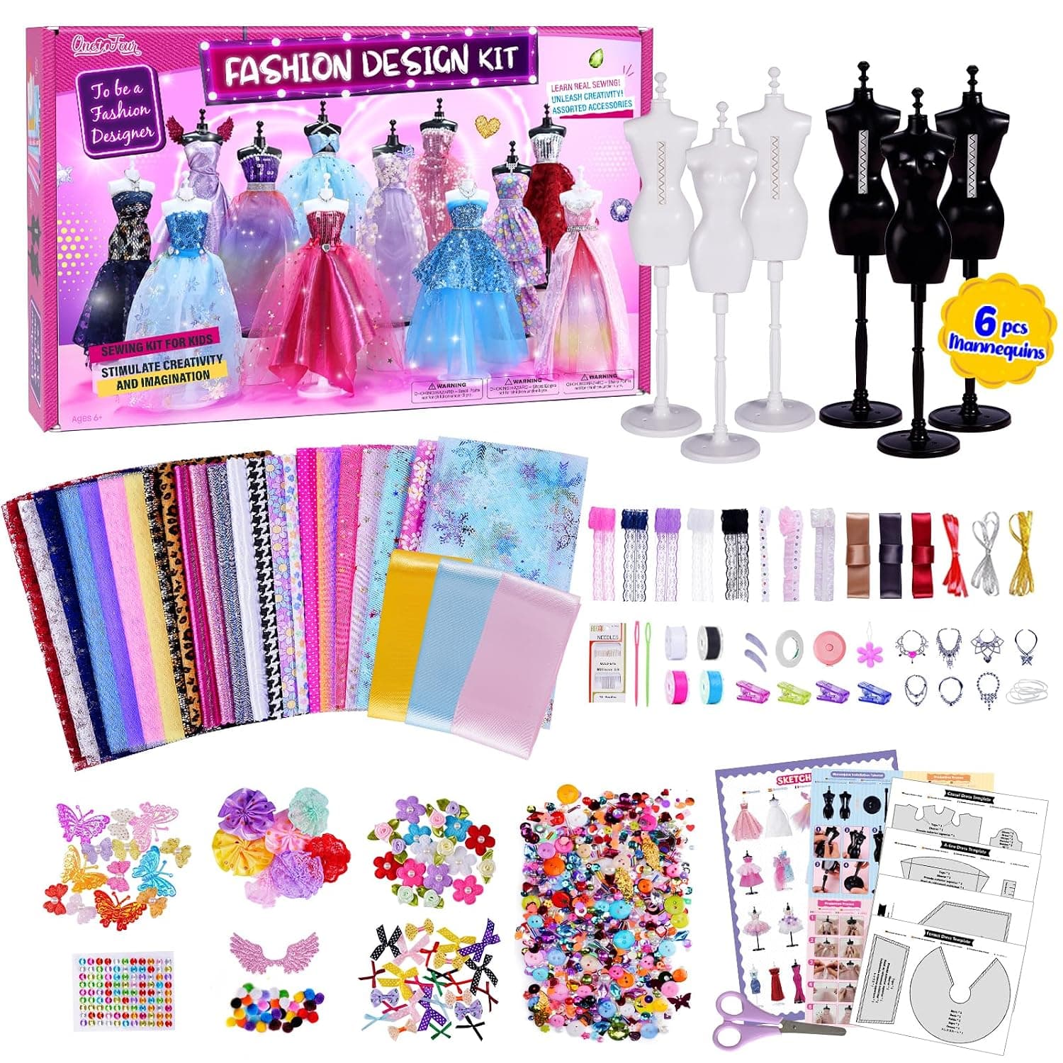 Fashion Designer Kit for Girls, Sewing Kit for Kids with 6 Mannequins | 800+ Pcs Materials, Full Set of Tool, No Sew Mode, Toys for Girls, Arts and Crafts, Eid Birthday Gifts for Girls Ages 8-12